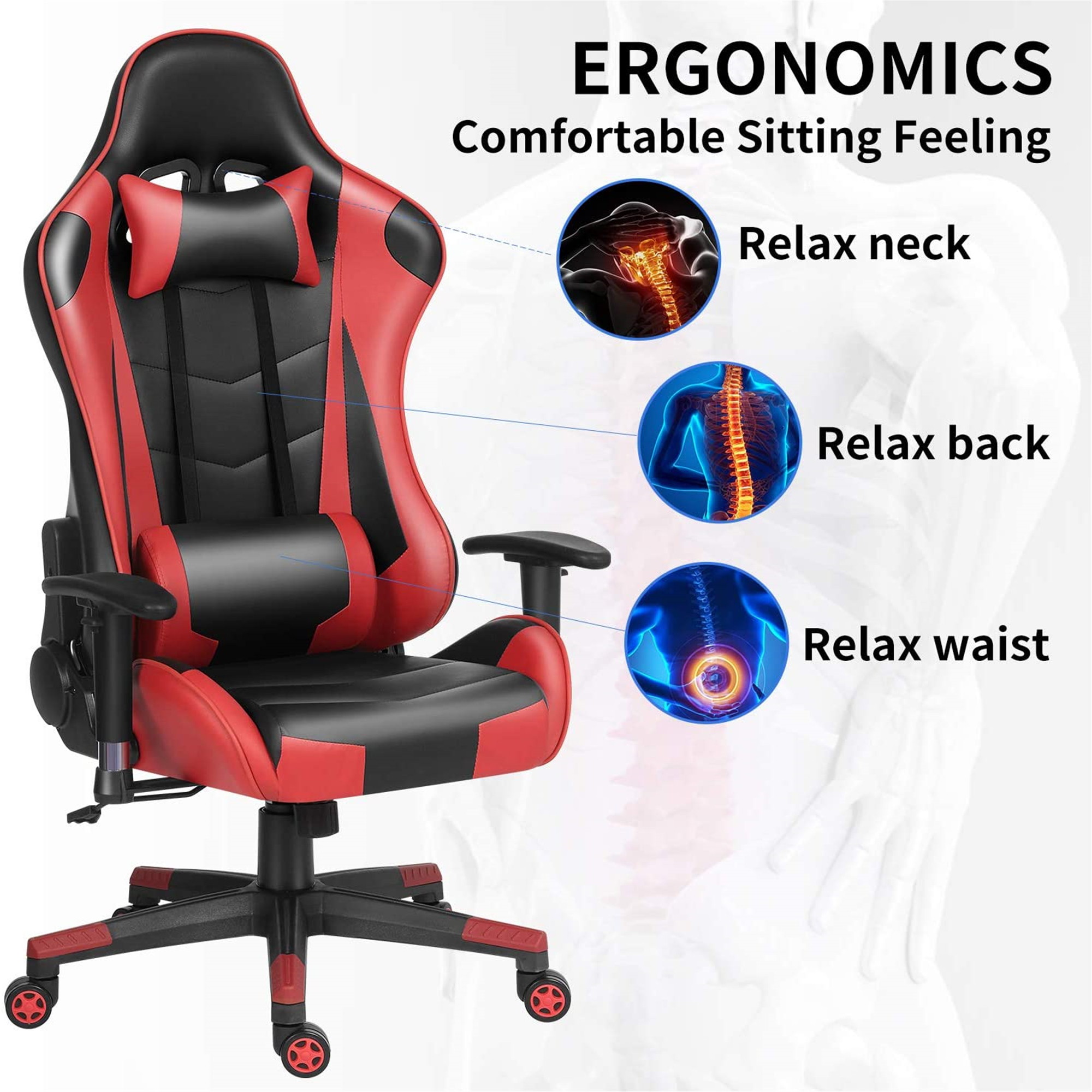 Ergonomic Gaming Chair Racing Chair E-Sports Chair Home Office Chair Computer Game Chair Backrest and Seat Height Adjustable Chair with PU Leather Lumbar Support and Headrest