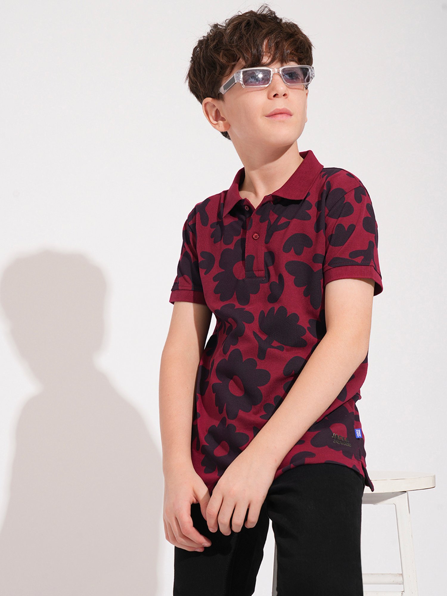 Jack & Jones Junior Boys Maroon Cotton Floral Print T-Shirt
