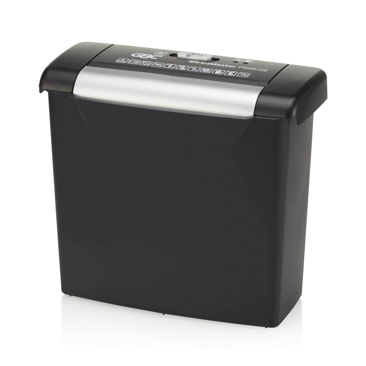 GBC Paper Shredder, ShredMaster, 6 Sheet Capacity, Strip-Cut, PS06-02 (1757402), Side Facing
