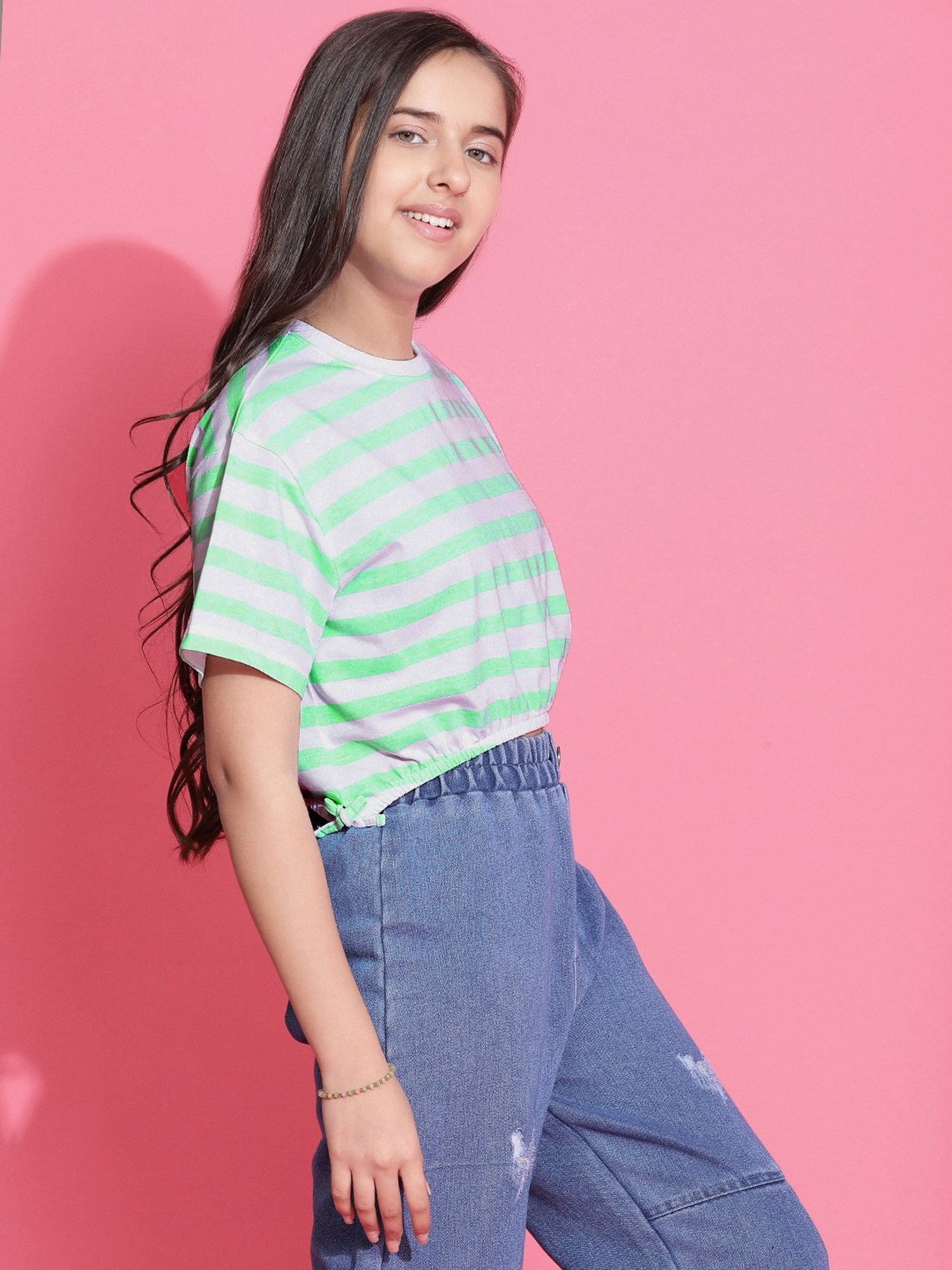 Lil Tomatoes Kids Light Green & White Striped Crop Top