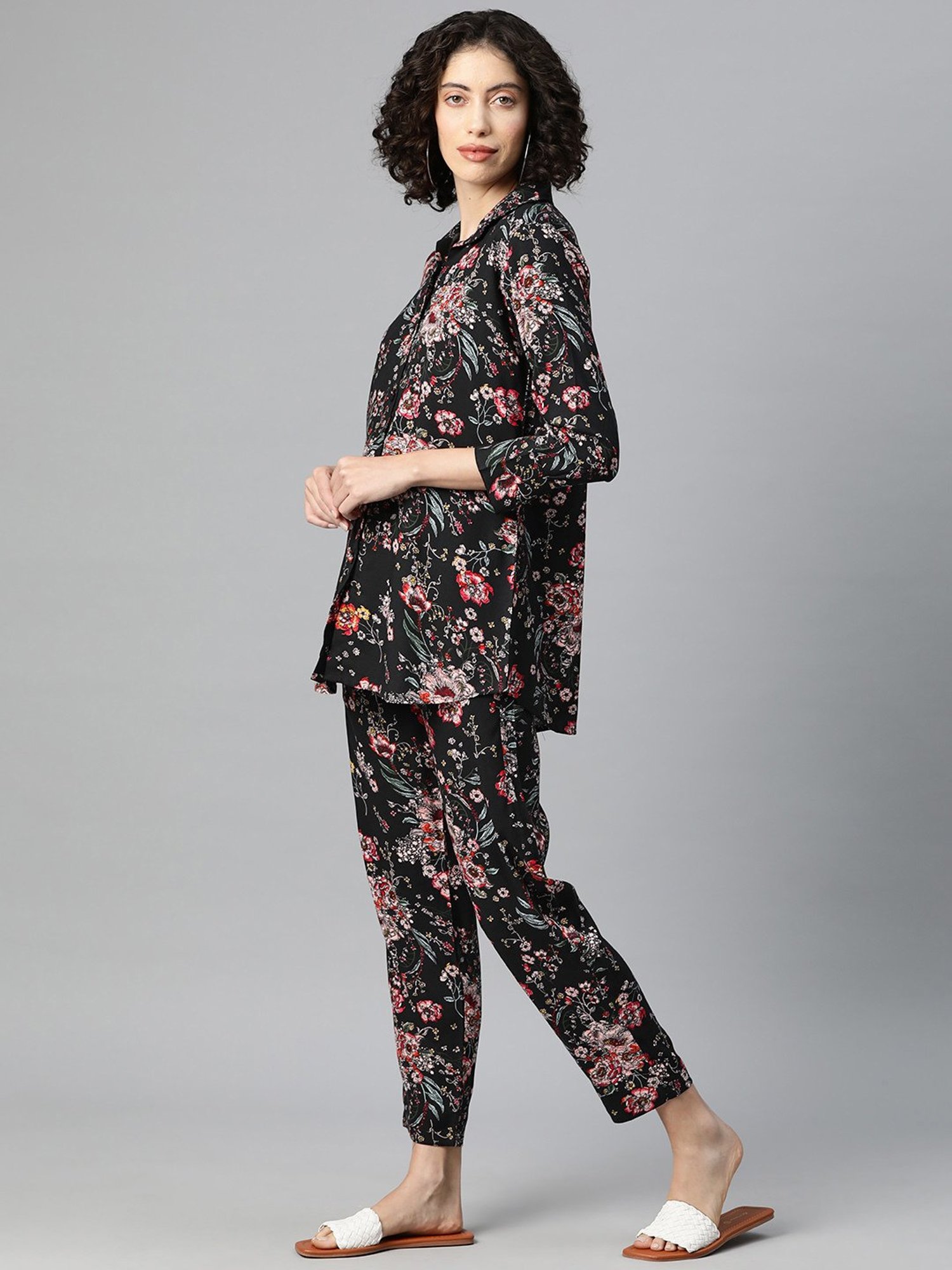 One Femme Black Print Shirt With Pants