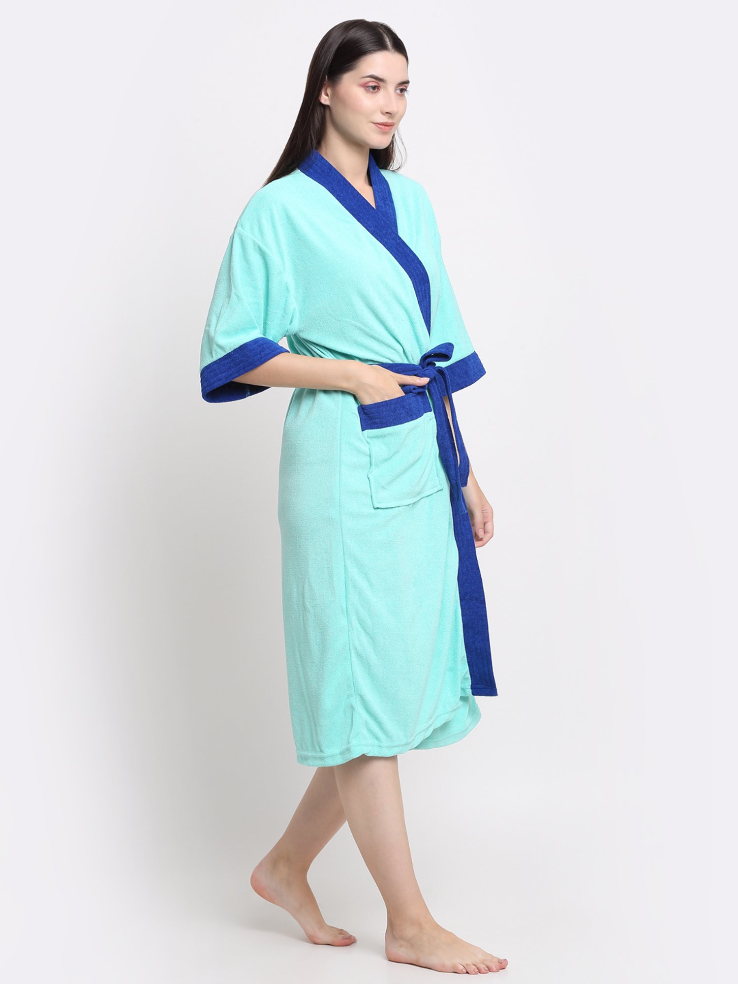 Creeva Everyday Sea Green & Turkish 225 GSM Micro Terry Bathrobe with Front Pocket & Kimono Collar