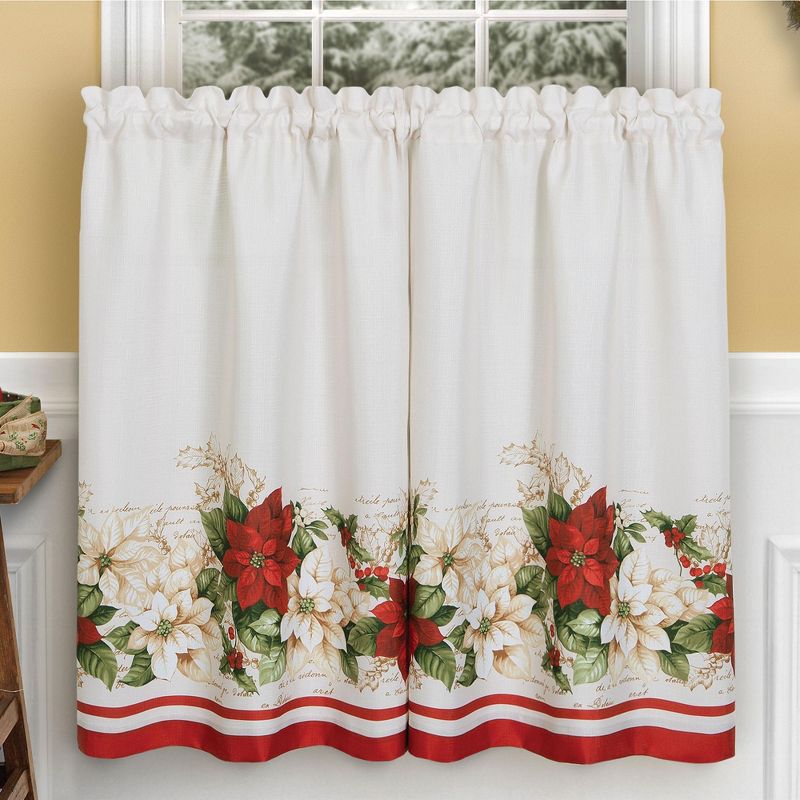 Red and White Poinsettia Elegant Holiday Kitchen Tiers and Valance - 3 Piece Set - Elrene Home Fashions