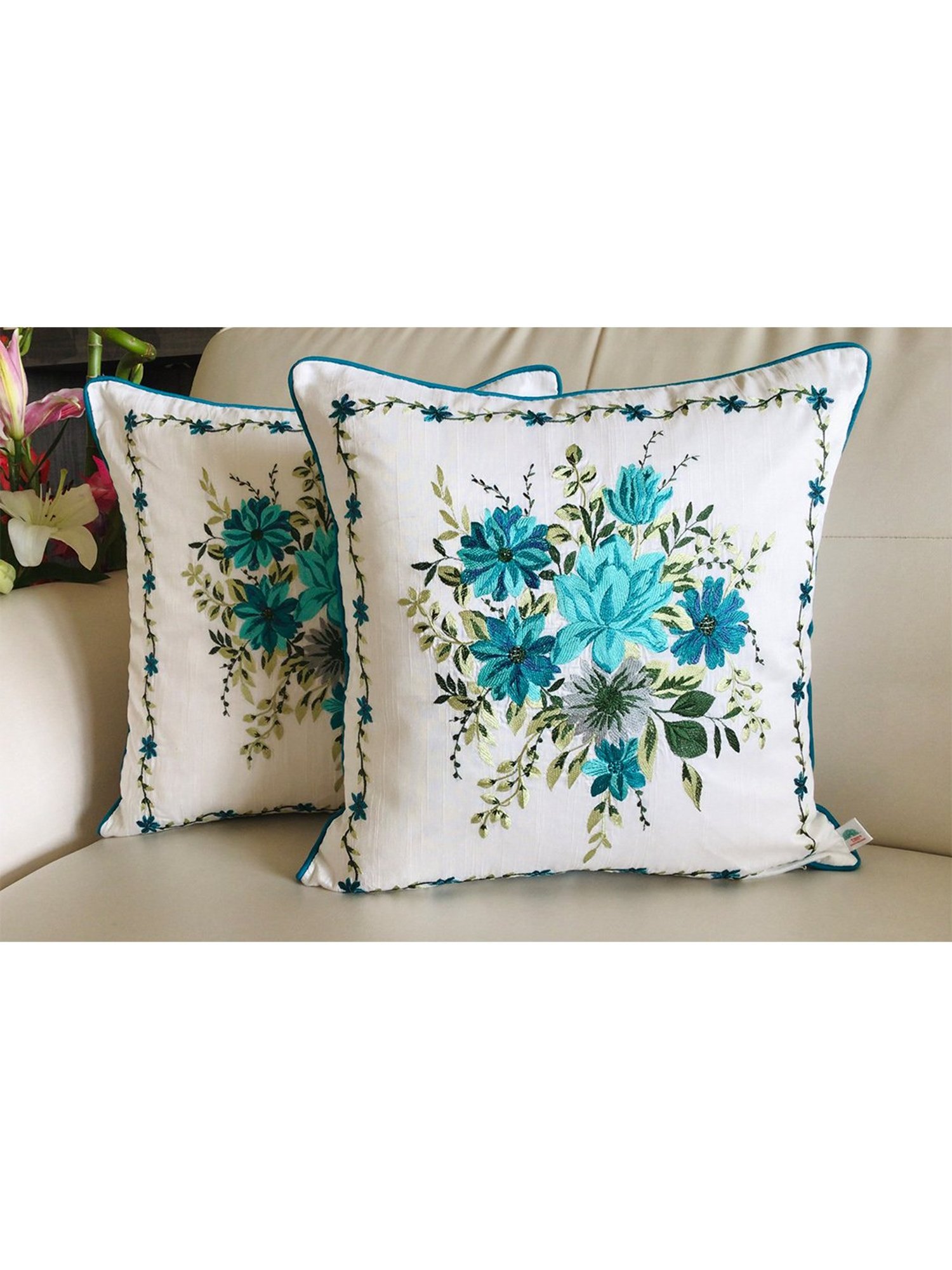 TARA Sparkling Homes Gardens of Florence Blue Cotton Silk Embroidery Cushion Cover