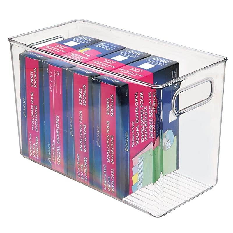 Rectangular Plastic Office Supplies Storage Organizer Bin with Carrying Handles for Pads Pens Pencils Dry Erase Markers Highlighters Sticky Notes Mailing Labels Clear