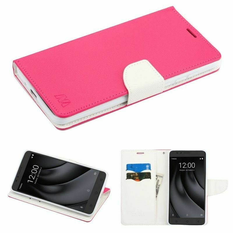 For Coolpad Revvl Plus T-Mobile Hot Pink White MyJacket Leather Case w/stand