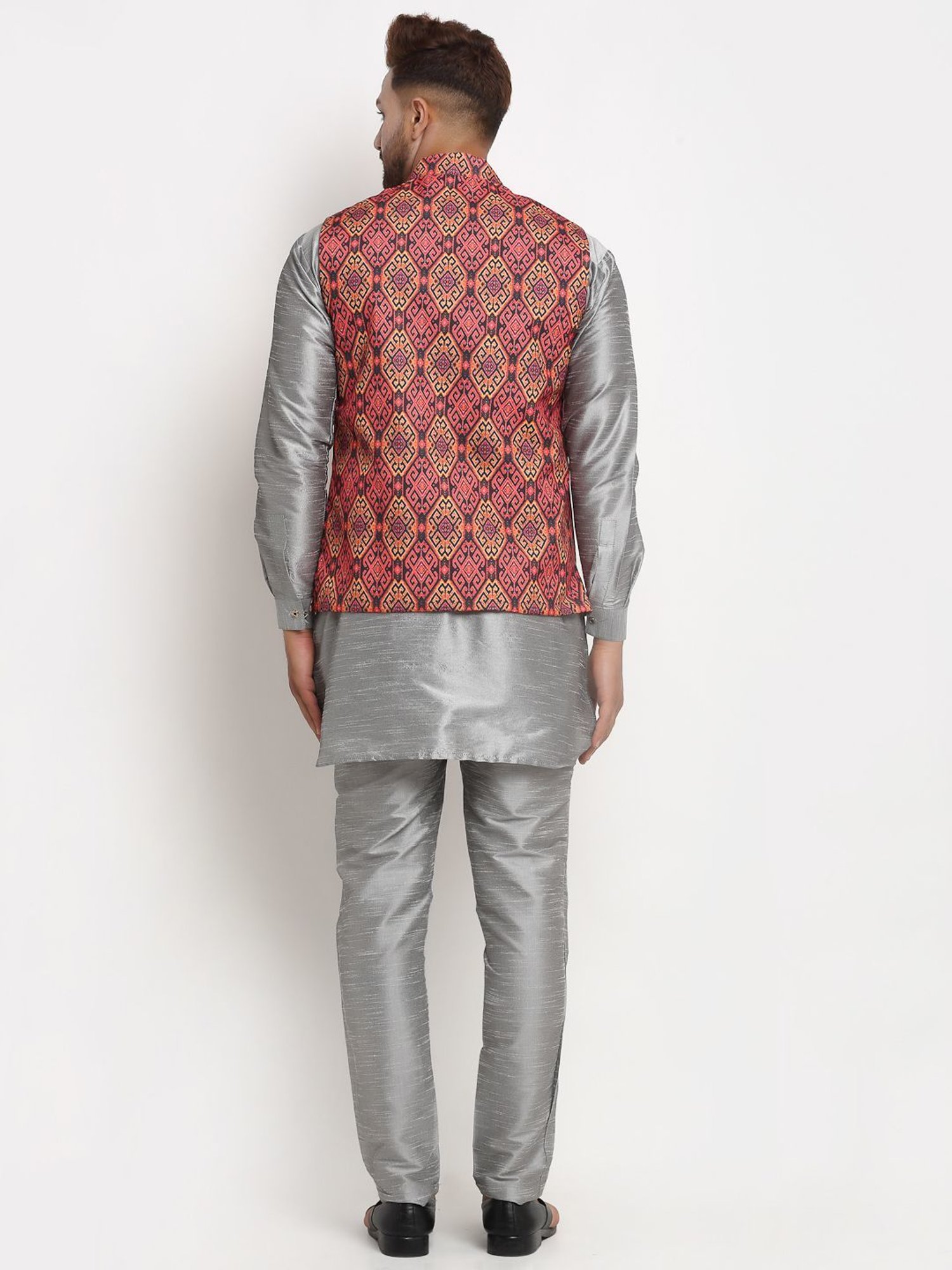 Benstoke Grey & Rust Regular Fit Geometric Kurta Set With Jacket