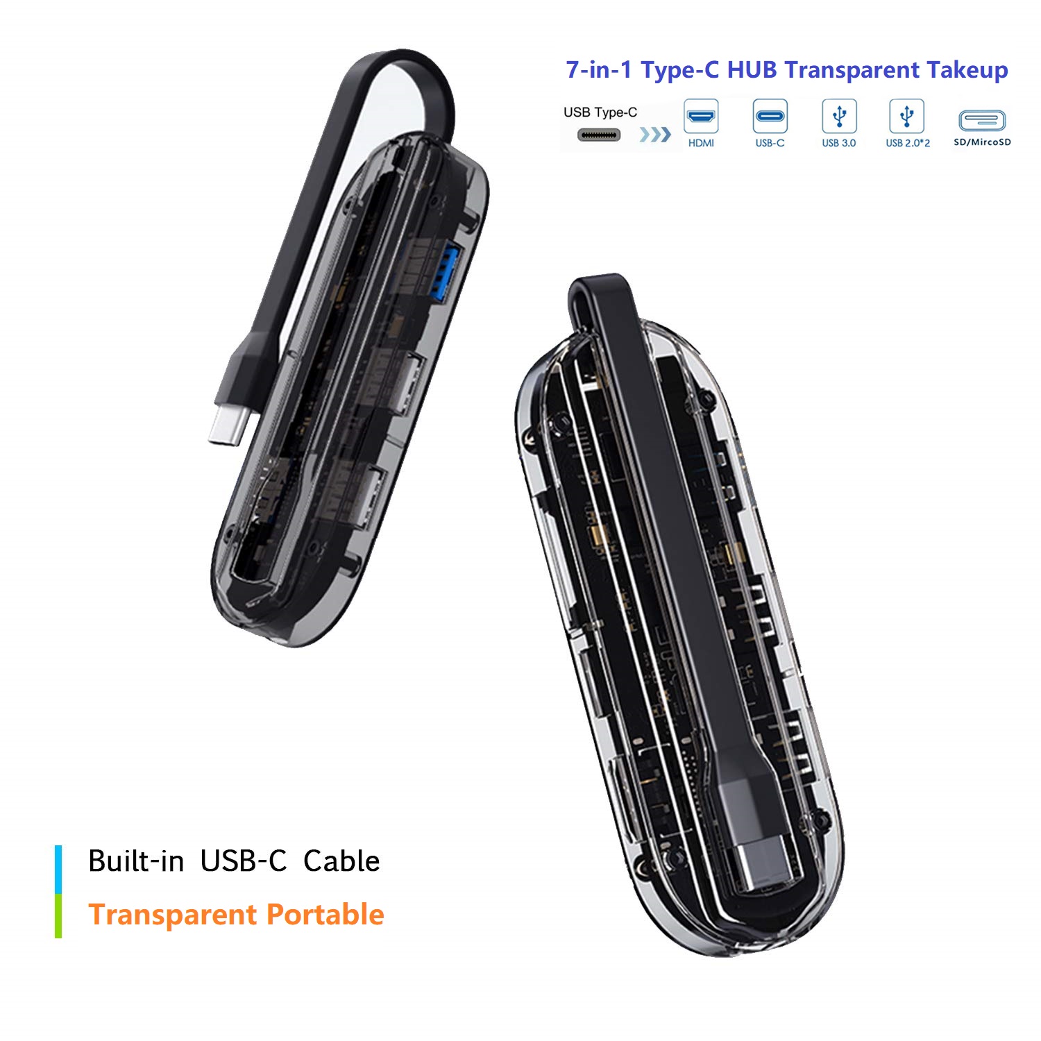 7-in-1 USB-C Transparent Converter for iPad Pro 2018 MacBook 2018, USB C HUB, 4K HDMI,3 USB,SD/TF Card Reader,Type-C PD 100W Charging Dock for Samsung Dex Station S20 S10 S9 S8 Note8 Type-C Dongle.