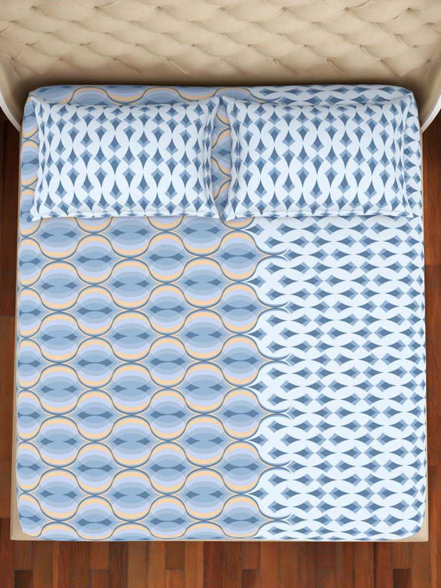 Welspun Dream Blue Cotton  Double Size Bedsheet With Pillow Covers