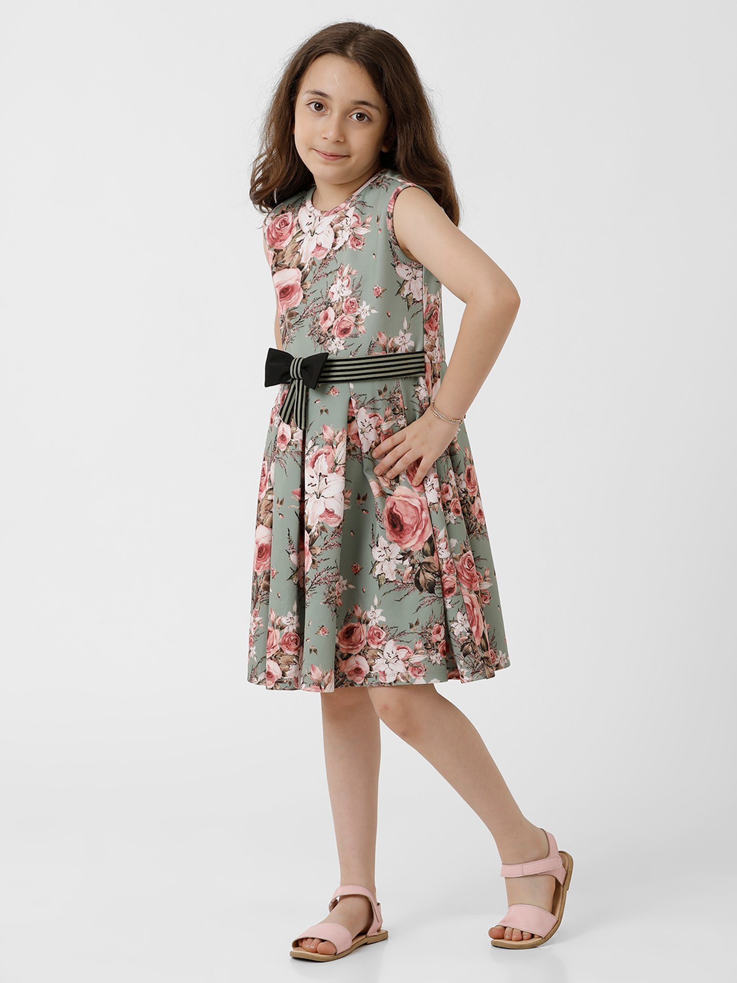 Kate & Oscar Kids Sage Green Floral Print Dress