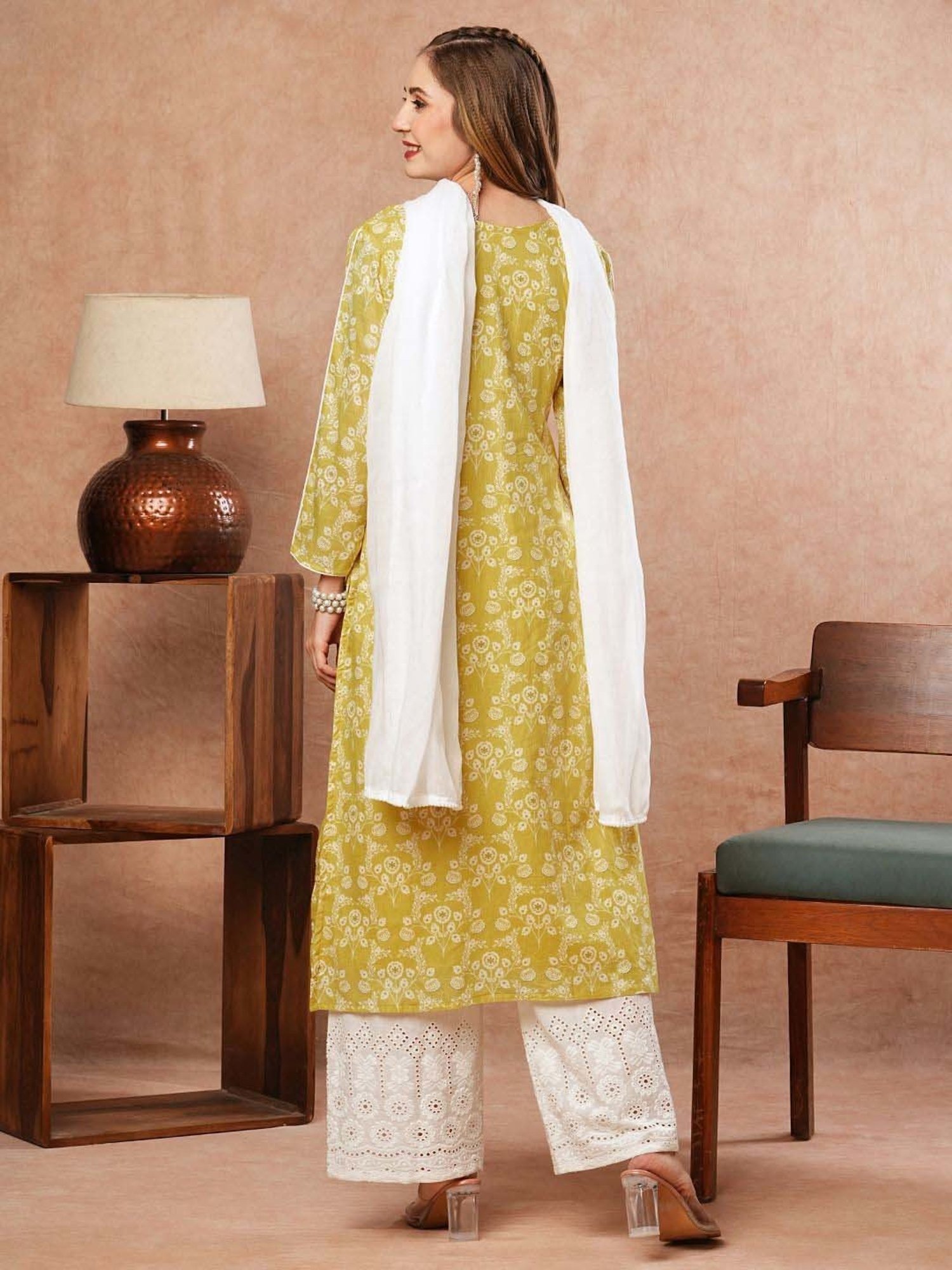Fashor Yellow Cotton Embroidered Kurta & Palazzo Set With Dupatta