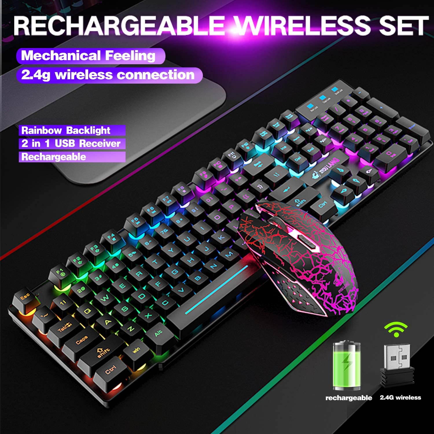 Rainbow backlit wireless keyboard and mouse set, rechargeable 4000mAh battery, mechanical ergonomic touch, waterproof and silent mouse, suitable for laptop, PC, home office