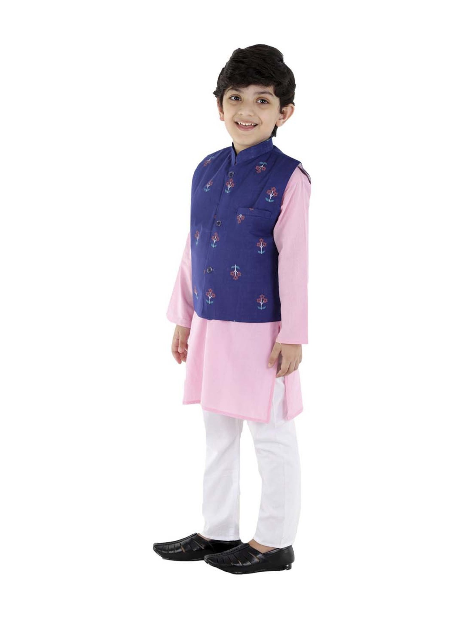 Ahhaaaa Kids Blue & Pink Cotton Floral Print Kurta Set