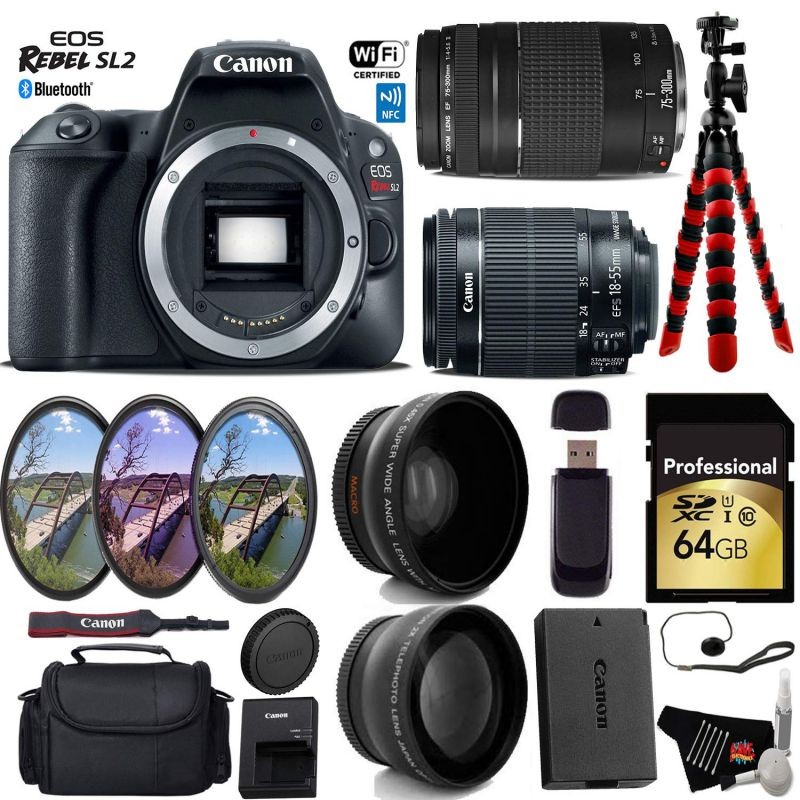 Canon EOS Rebel SL2 DSLR Camera with 18-55mm is STM Lens & 75-300mm III Lens + UV FLD CPL Filter Kit + Wide Angle & Telephoto Lens + Camera Case + Tripod + Card Reader - Intl Model