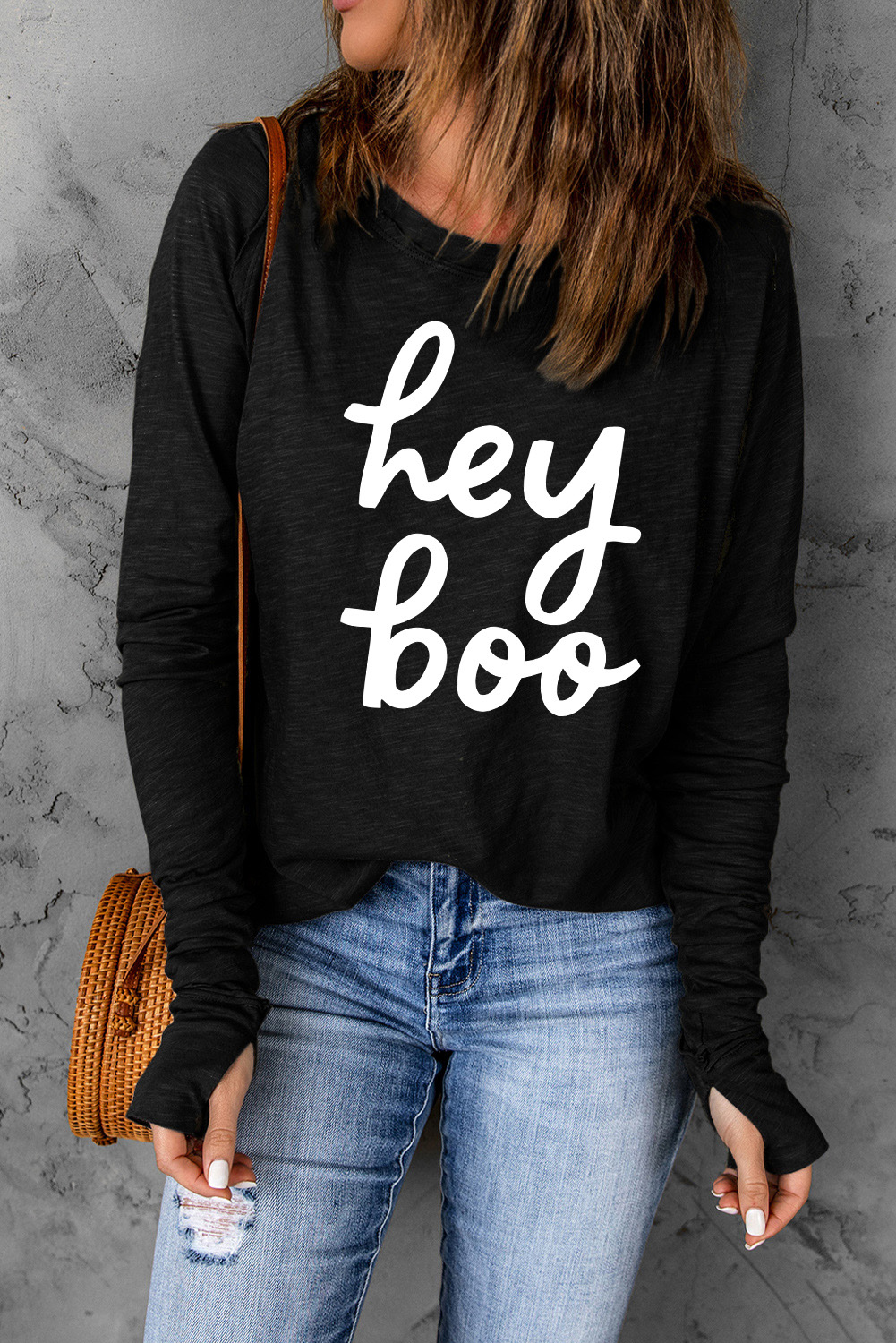 Black Hey Boo Loose Fit Crew Neck Graphic T Shirt