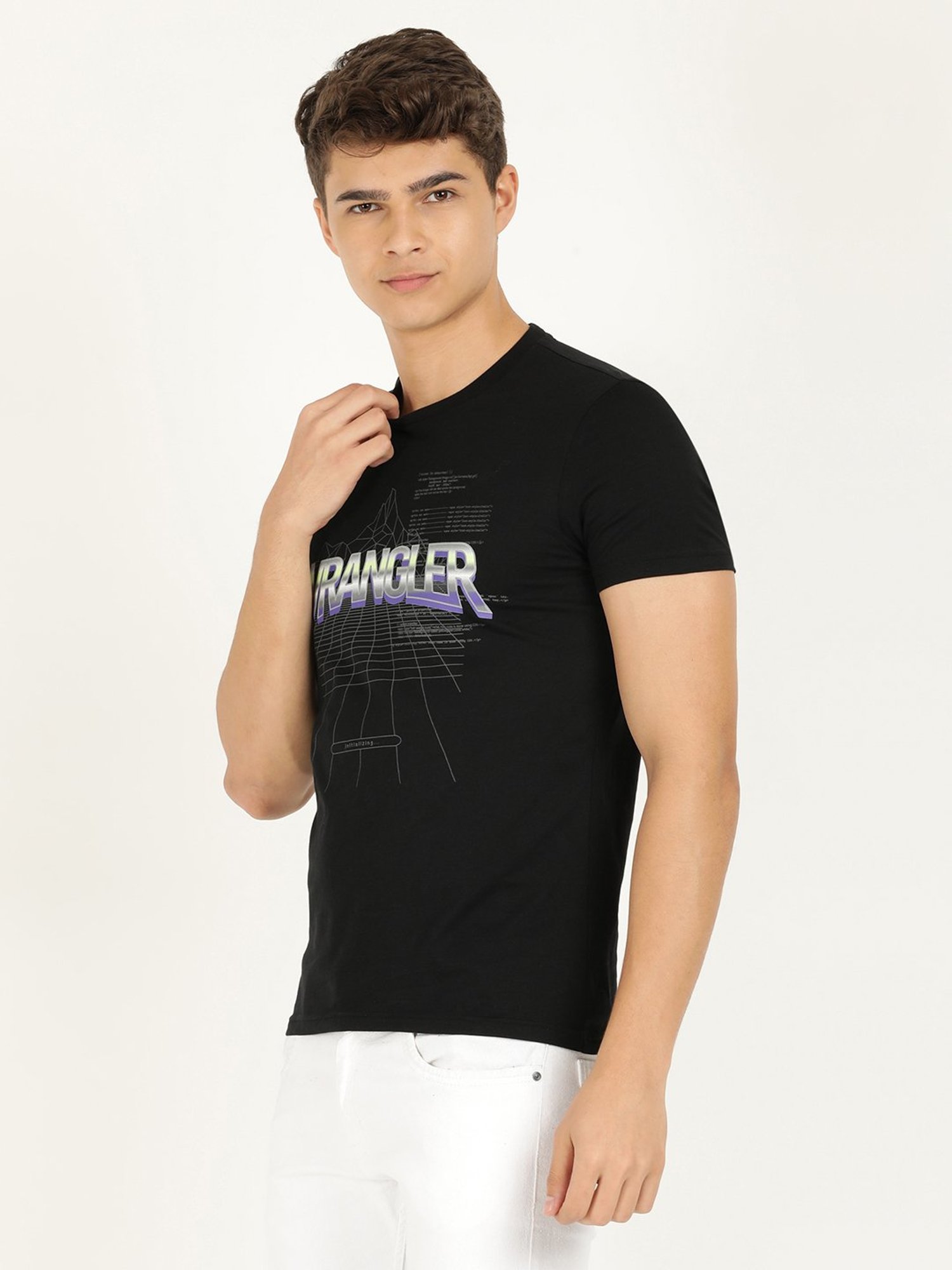 Wrangler Jet Black Cotton Regular Fit Printed T-Shirt