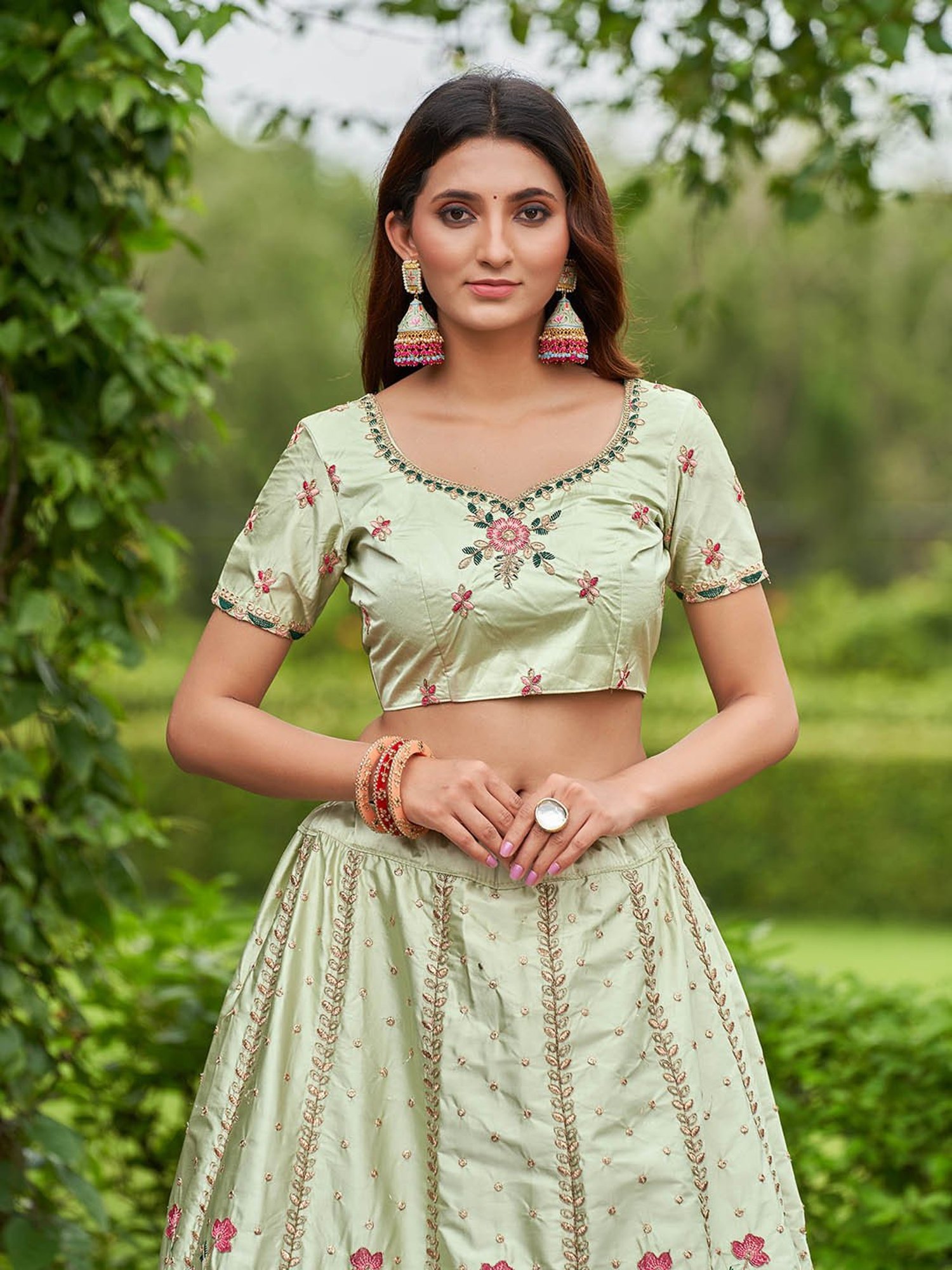 Warthy Ent Pista Green Floral Print Lehenga Choli Set With Dupatta