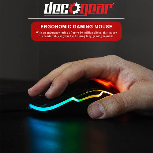 Deco Gear Wired Gaming Mouse | 800-5000 Adjustable DPI | High Precision Optical Mouse | Ergonomic for All Gaming Grips | 11 RGB Backlit Modes | 6 Buttons
