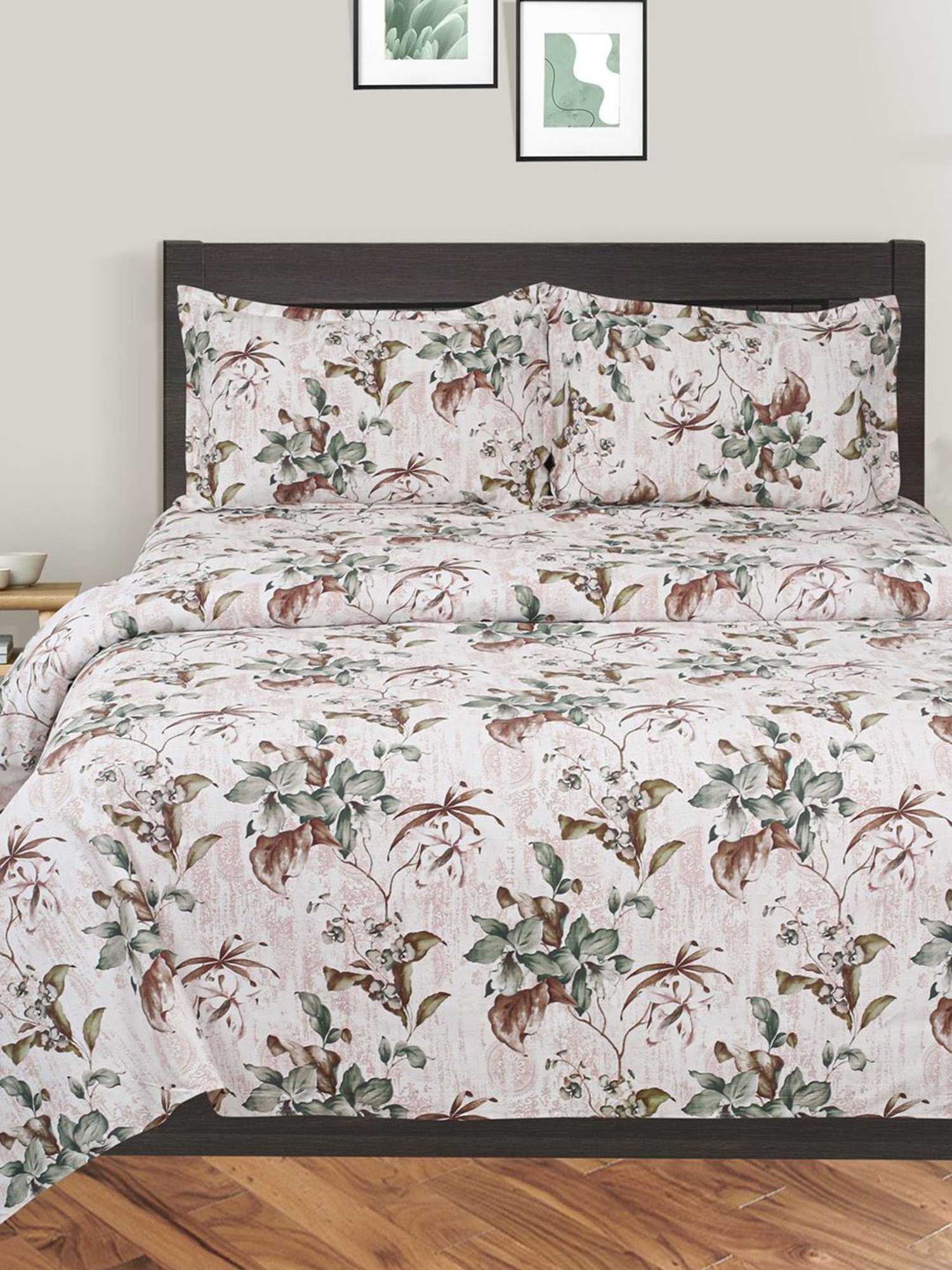 Swayam White, Brown & Green Cotton 210 TC, 1 Double Bedsheet With 2 Pillow Cover