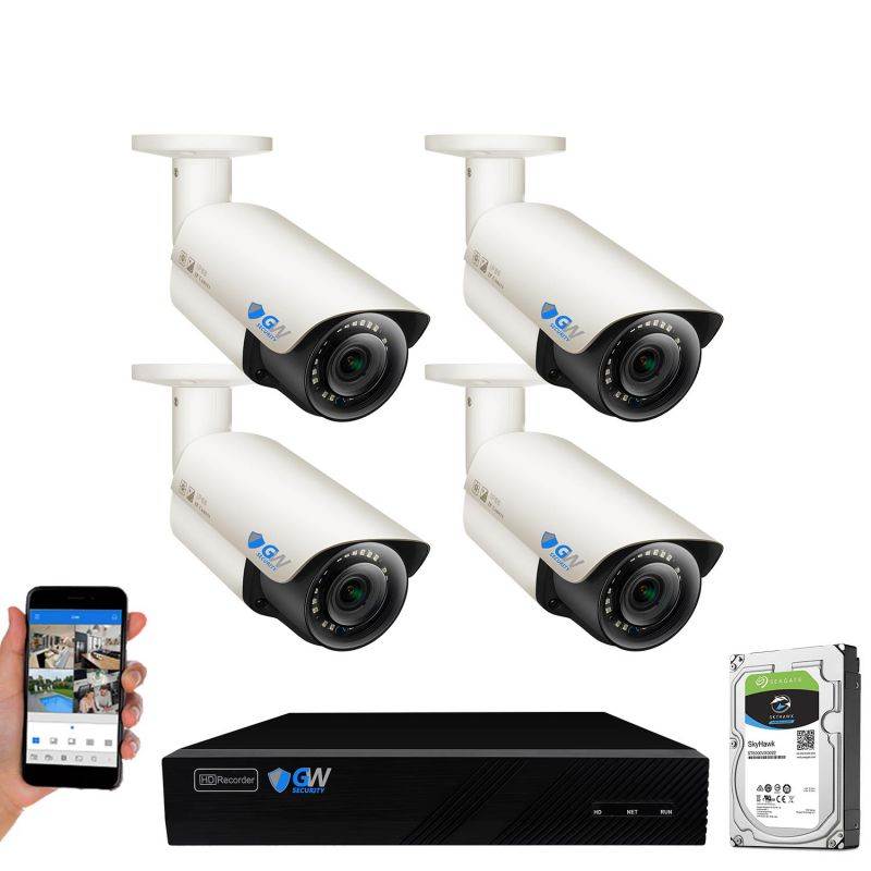 GW 5 Megapixel IP Camera PoE System, 8 Channel H.265 HEVC NVR w/ 4K Output, 8 x 5MP Full HD (2592 x 1920p) Digital WDR Power Over Ethernet Water Proof 130 Ft Night Vision Bullet IP Camera (2TB HDD)