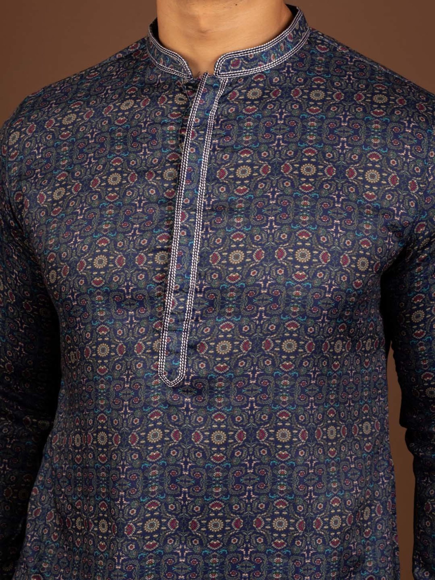 KISAH Navy Regular Fit Printed Kurta & Pants Set