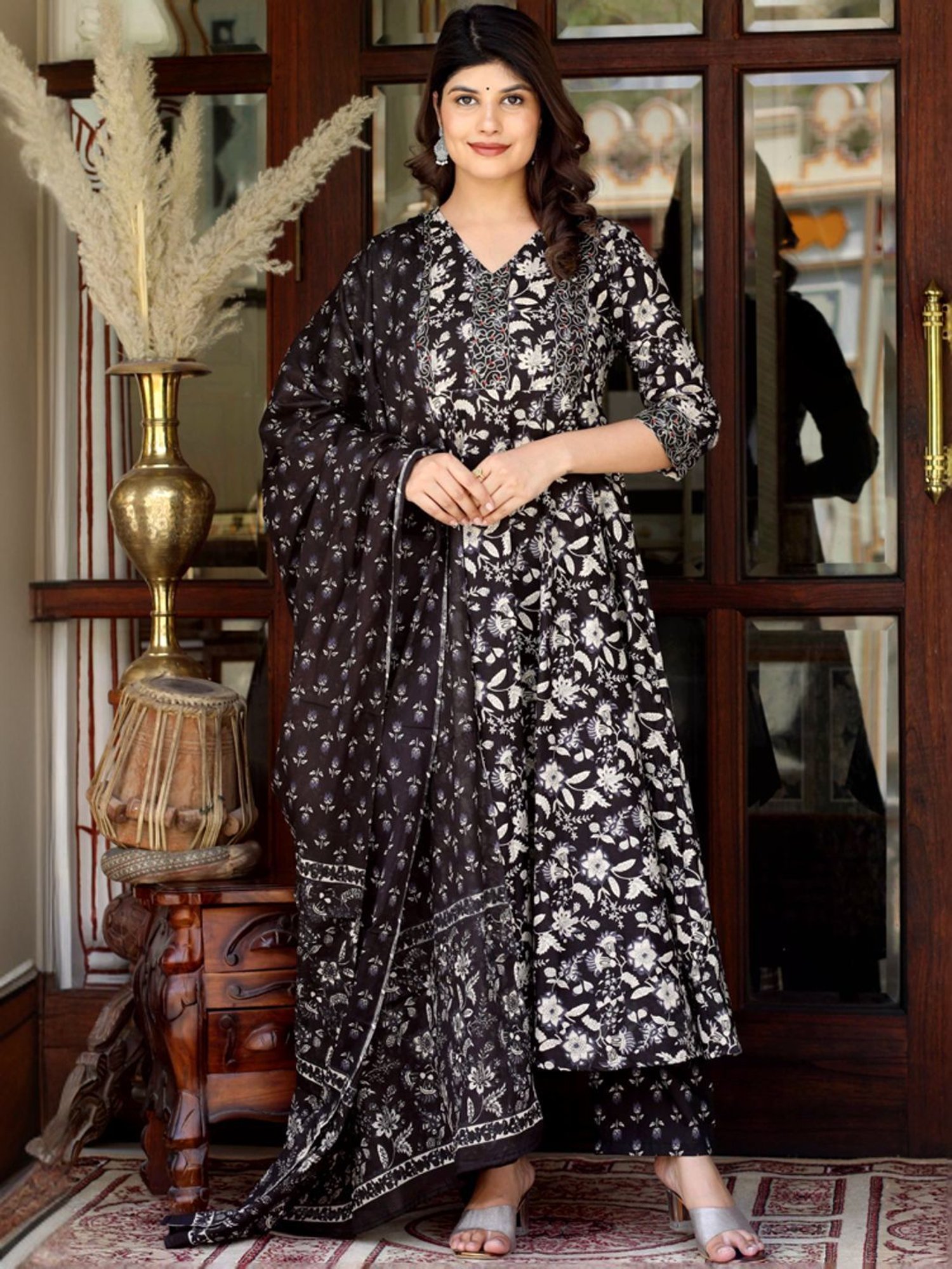 Miravan Black Cotton Embroidered Kurta Palazzo Set With Dupatta