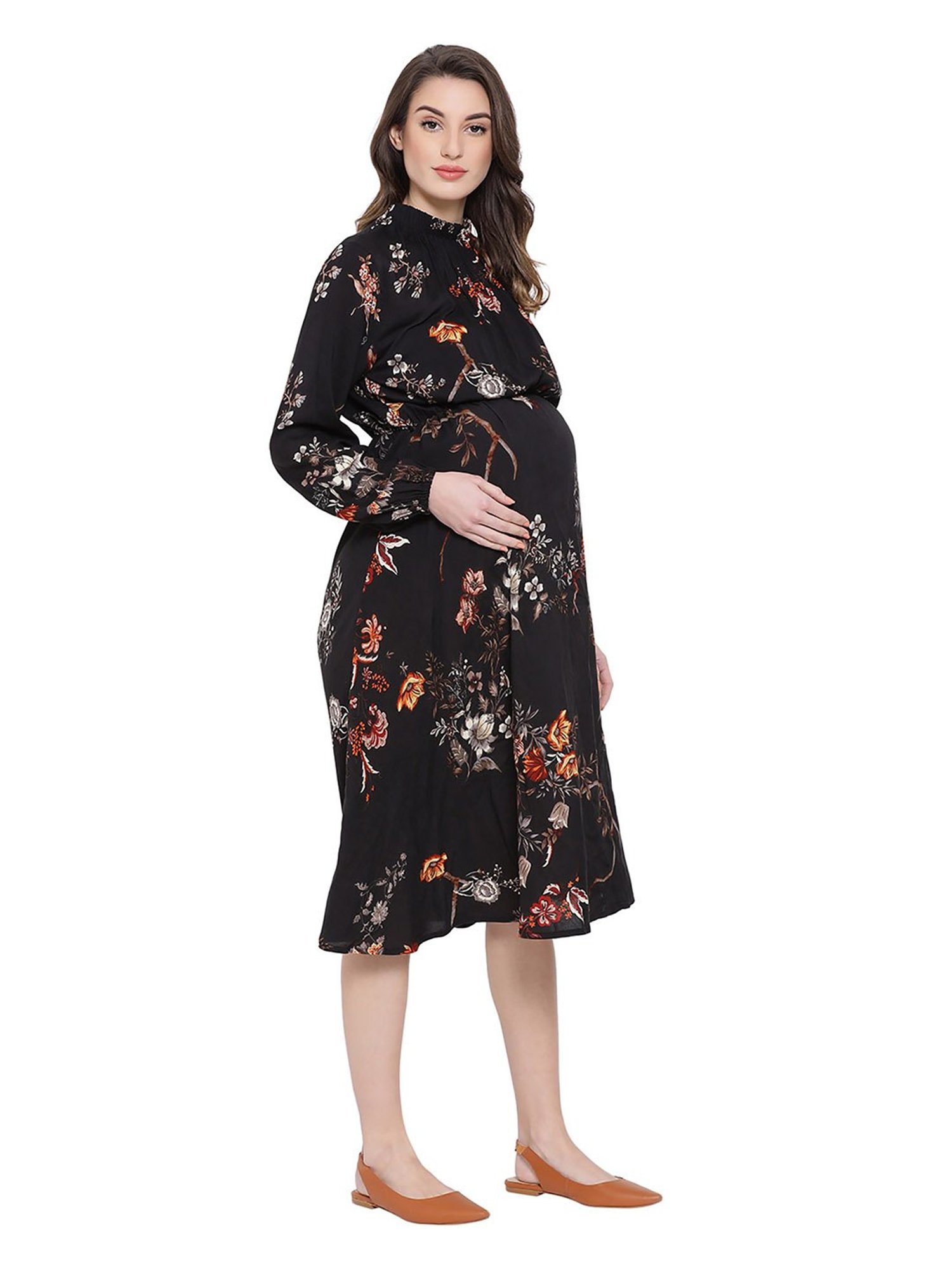 Oxolloxo Black Floral Print Enigma Docile Maternity Dress