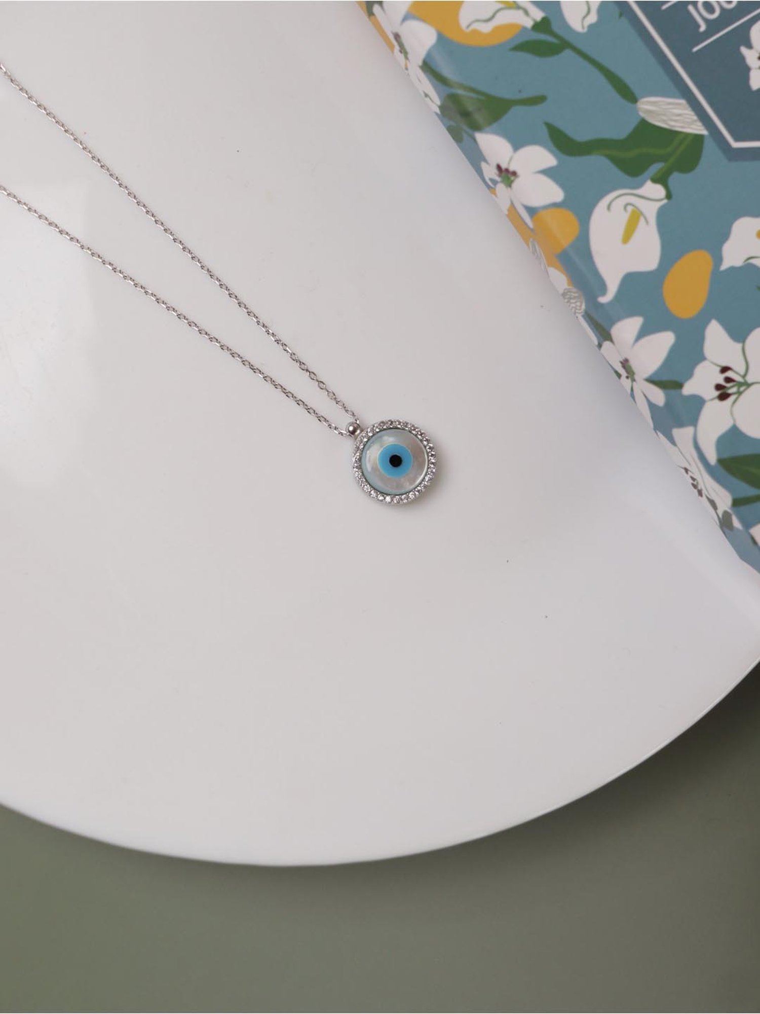 Curio Cottage 92.5 Sterling Silver Disc Evil Eye Necklace for Women