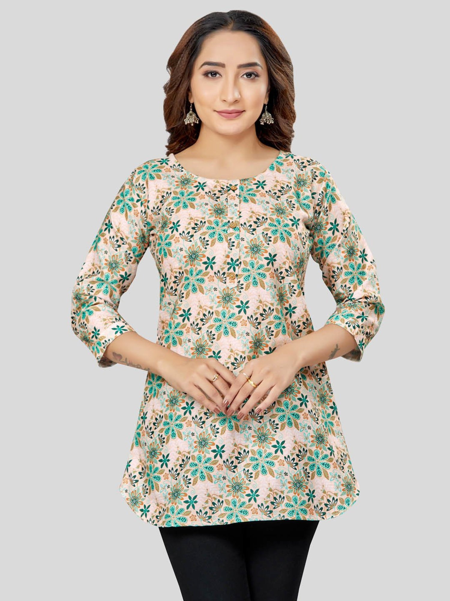 Saree Swarg Cream Printed A-Line Short Kurti