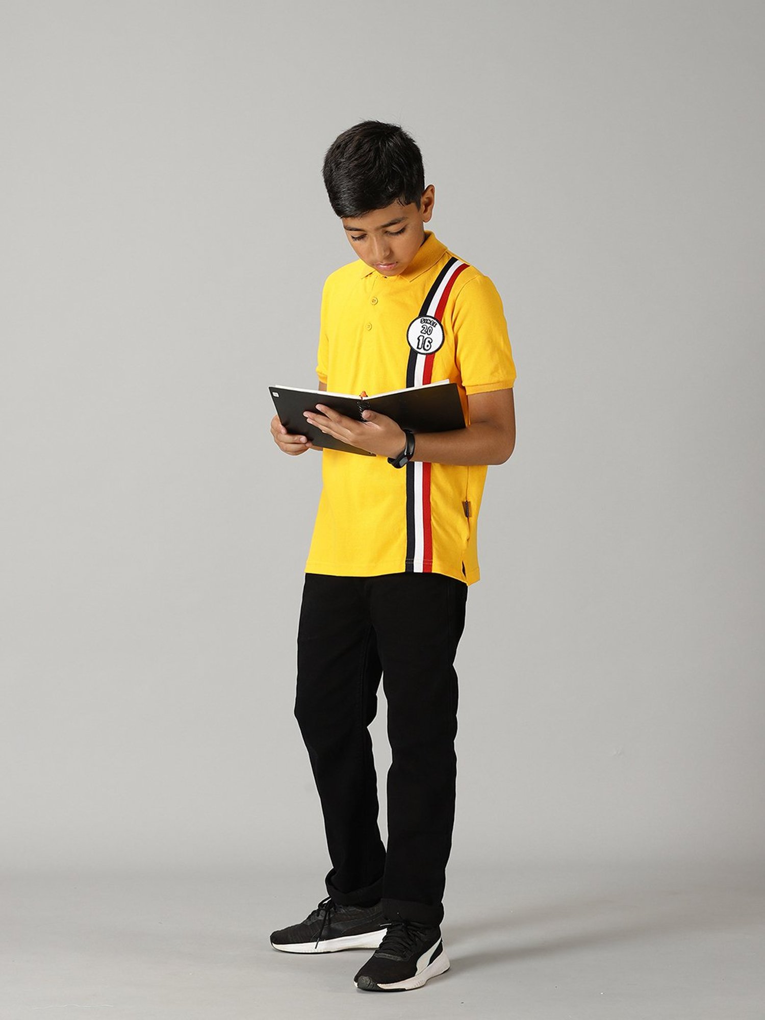 Kiddopanti Kids Yellow & Black Printed Polo T-Shirt with Jeans