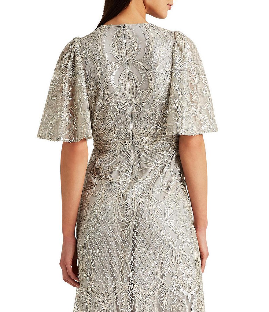 Jkara Chiffon Popover Beaded V-Neck 3/4 Capelet Sleeve Gown