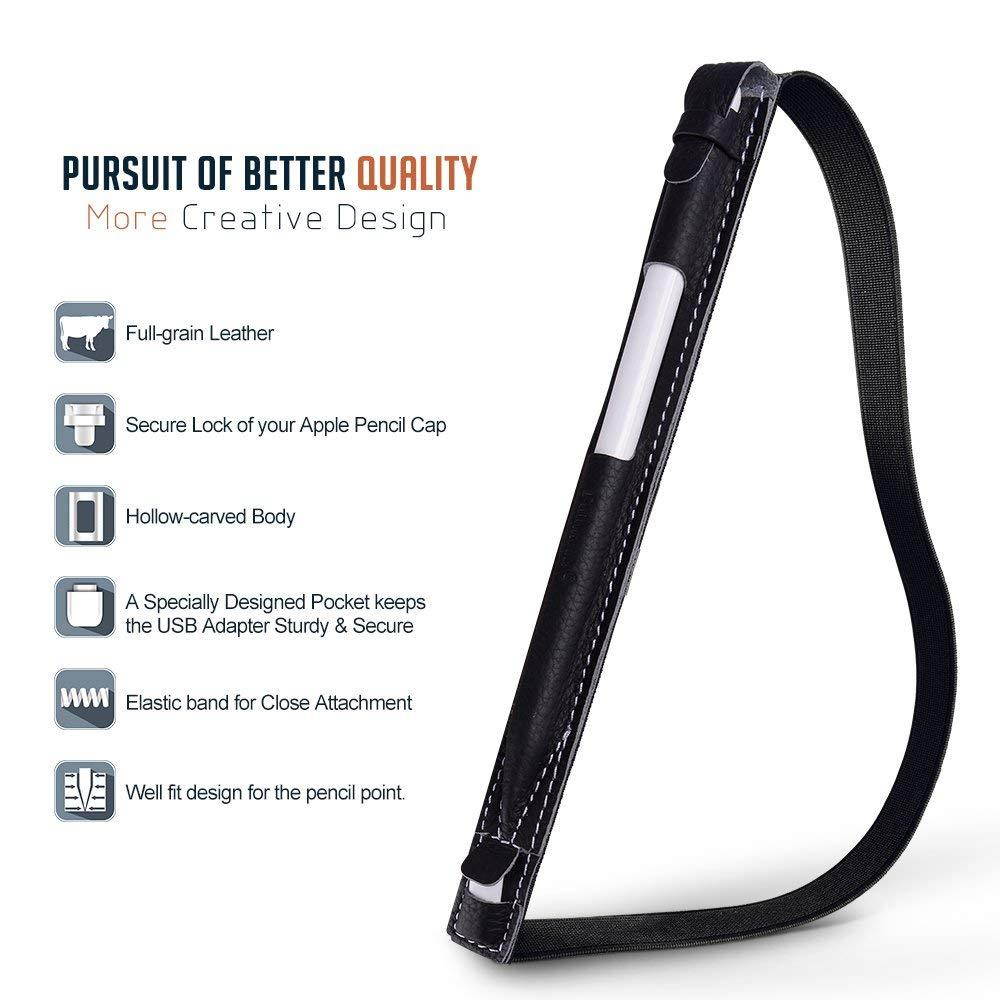 Fullmosa 4 Colors for Apple Pencil Holder, Genuine Litchi Texture Leather Apple Pencil Sleeve with USB pocket Handmade Compatible with iPad Pro 12.9" Cases, Black