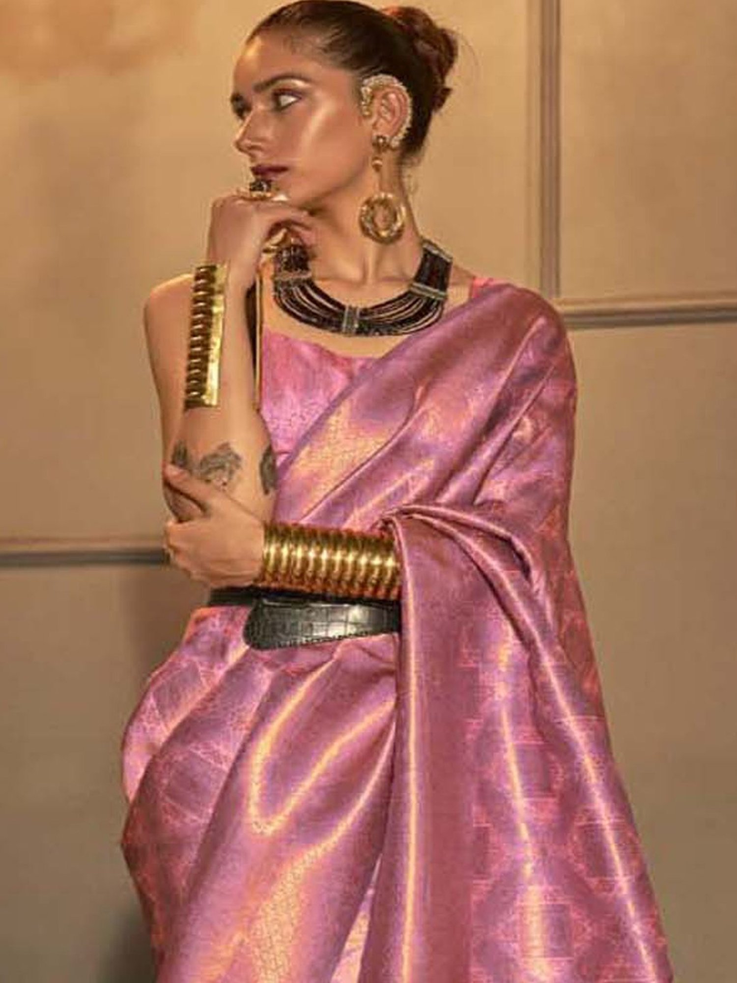 Elora Pink Silk Woven Saree With Unstitched Blouse