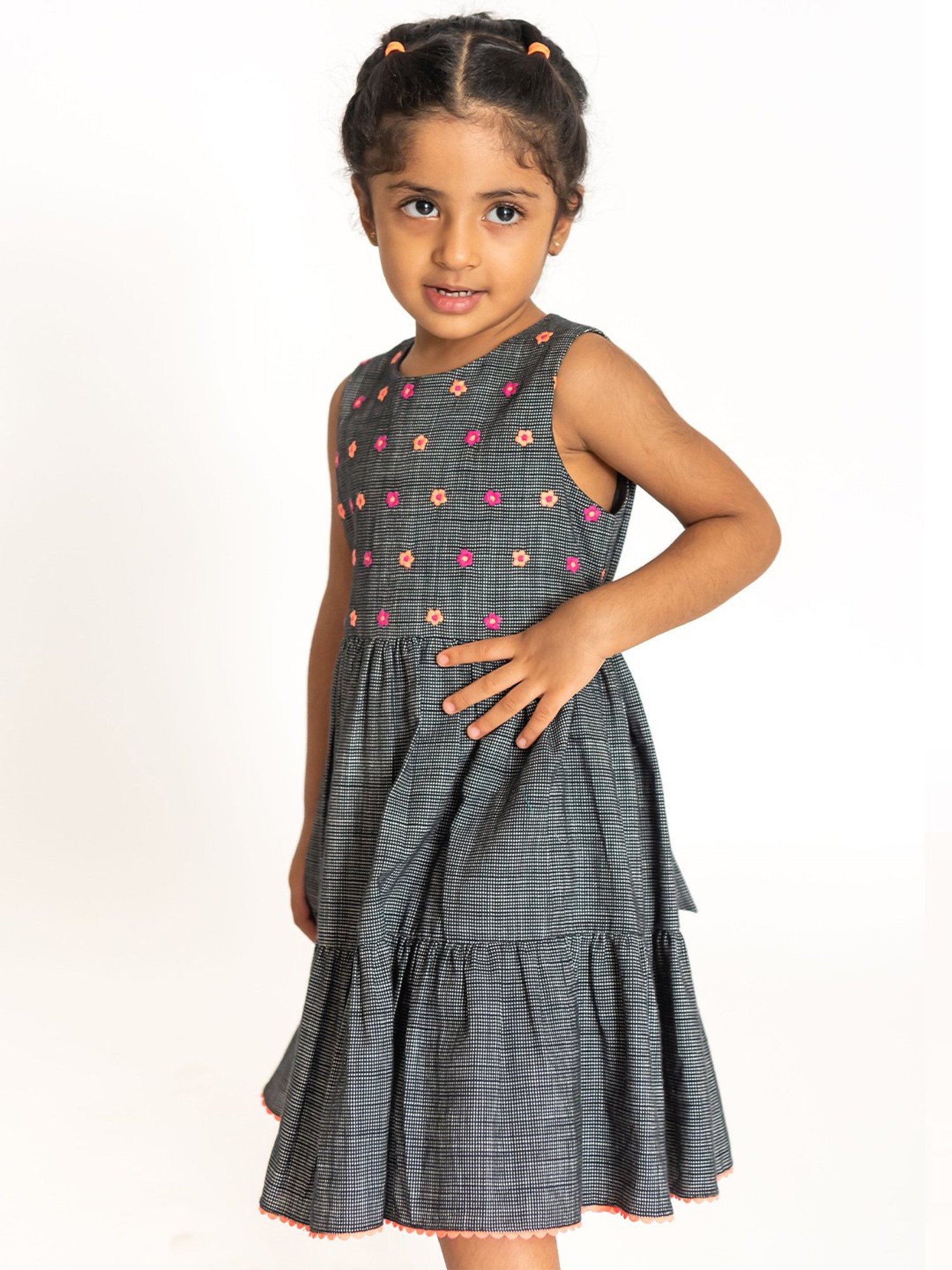 A Little Fable Kids Grey Cotton Embroidered Dress