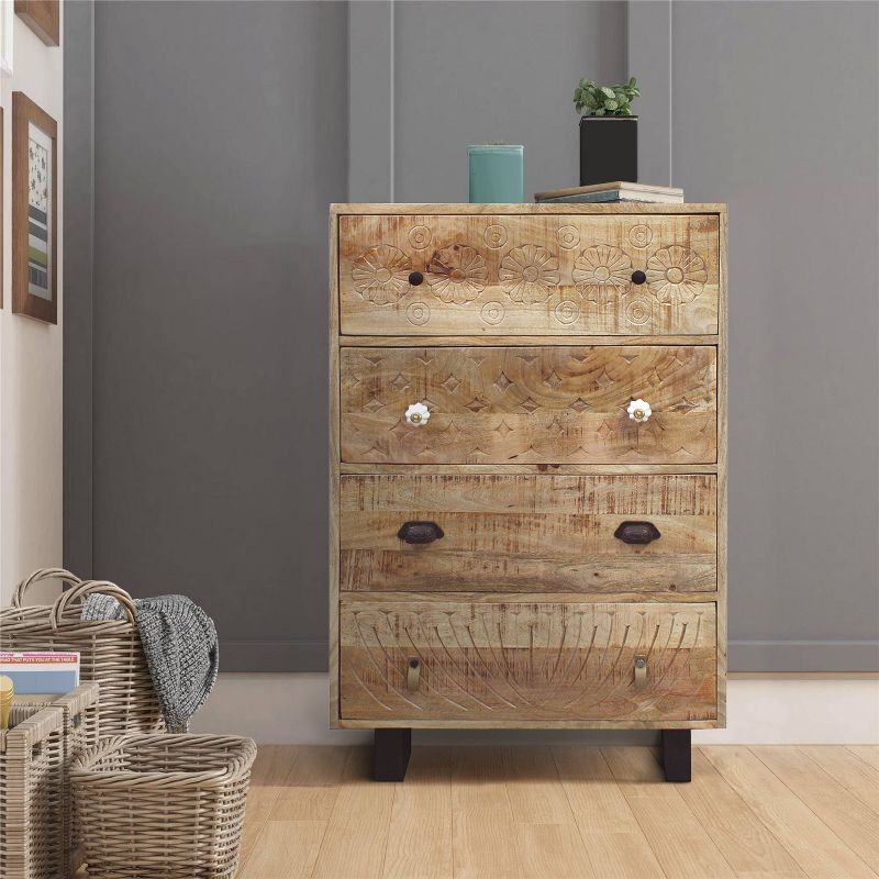 4 Drawer Handmade Wooden Accent Chest with Carved Drawer Front Brown/Black - The Urban Port