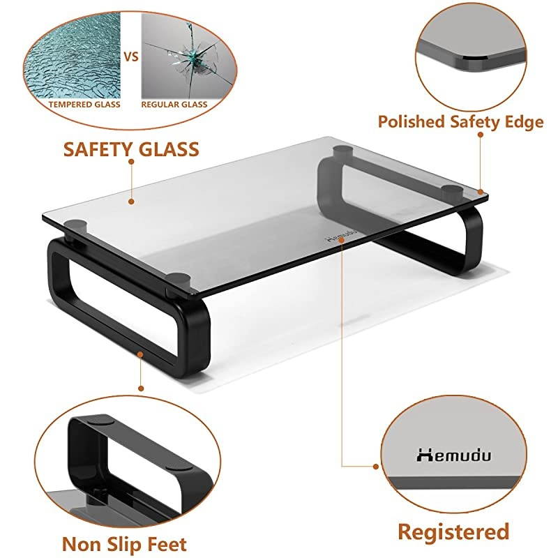 Monitor Stand Riser Multi Media Desktop Stand for Flat Screen LCD LED TV LaptopNotebookXbox One with Tempered Glass and Metal Legs Black HD02B001U