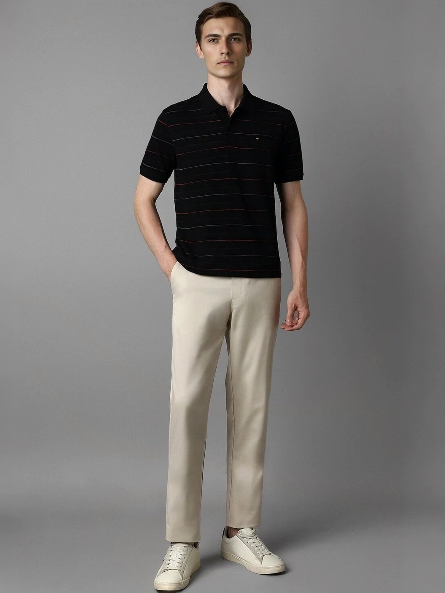 Louis Philippe Black Cotton Slim Fit Striped Polo T-Shirt