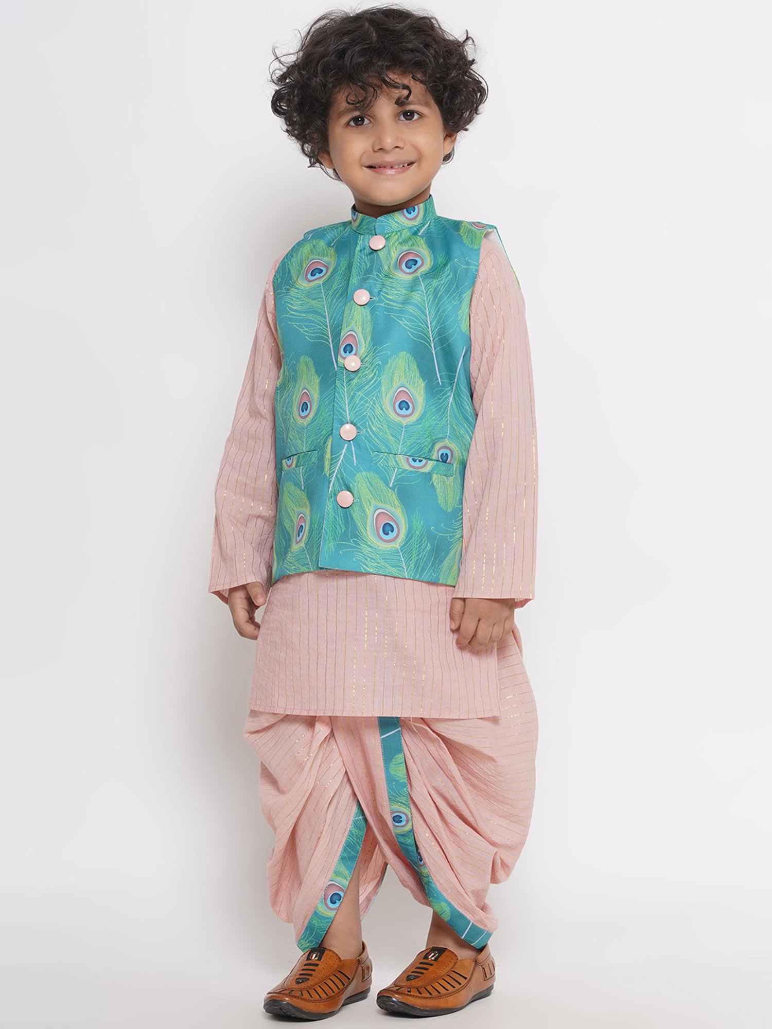 Little Bansi Kids Peach & Green Printed Full Sleeves Kurta, Dhoti with Jacket