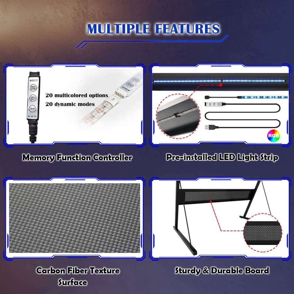 Bestier 55.2" Gaming Desk Racing Style PC Computer Desk L-Shaped Desk Corner Home Office Table with Ergonomic Monitor Stand & RGB Strip Light & Multifunctional Hook (Black Carbon Fiber)