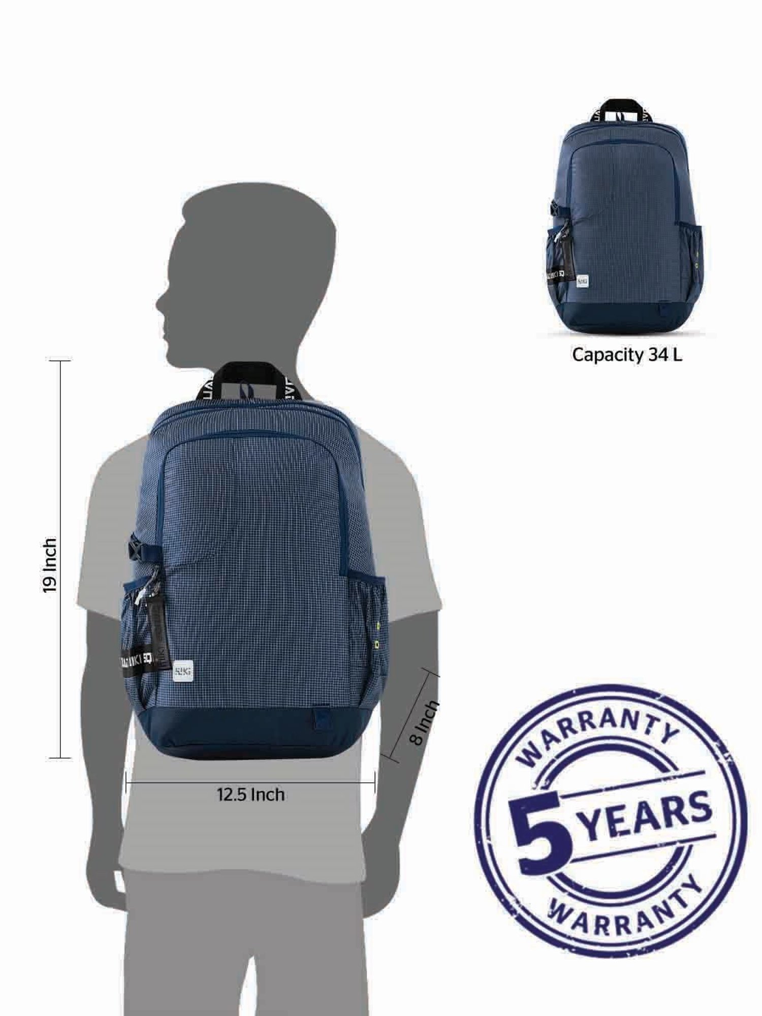 Wiki Back to School Squad 3 Navy Polyester Checks Backpack - 34 Ltrs