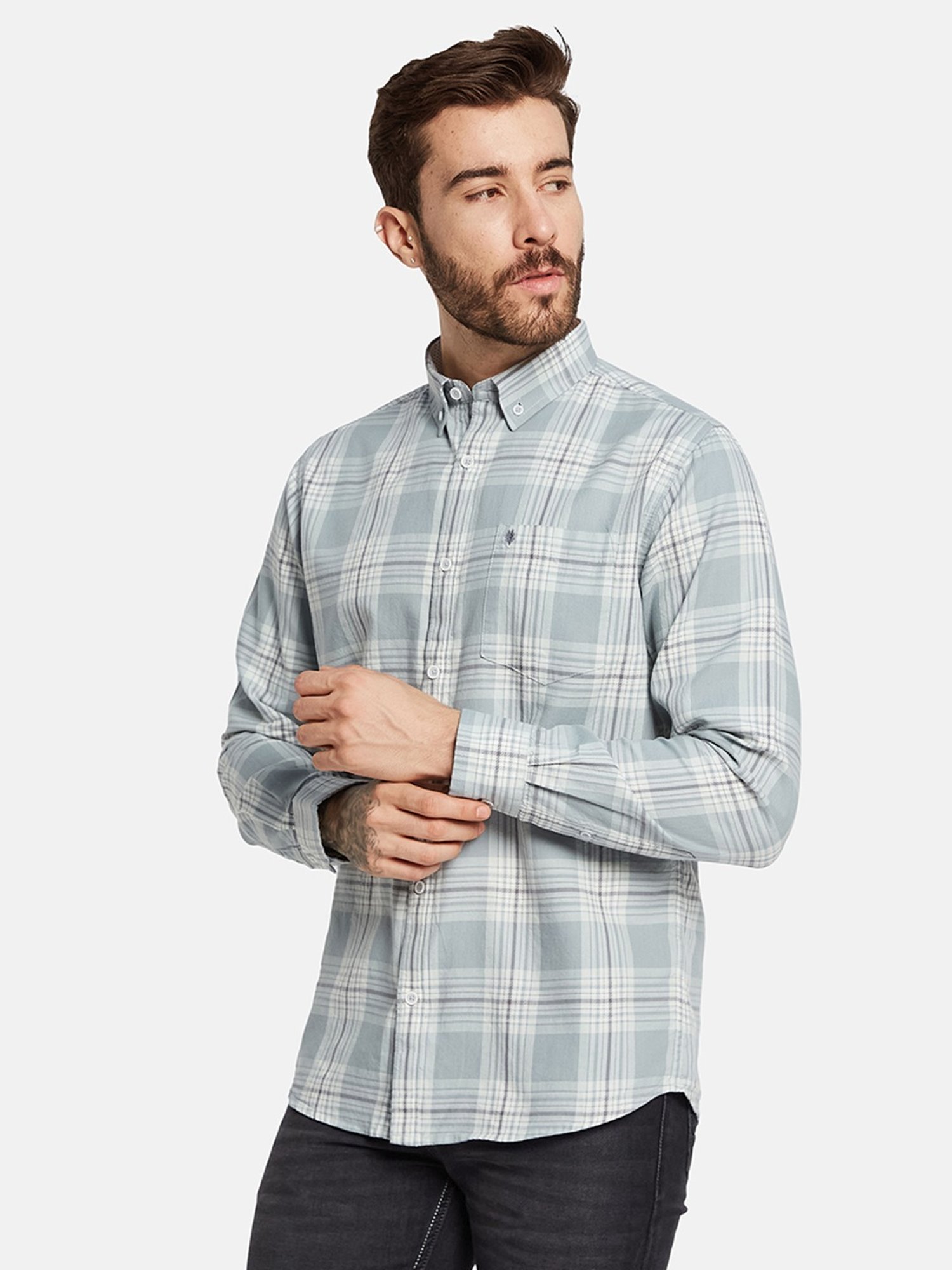 Mettle Green Cotton Regular Fit Checks Shirt