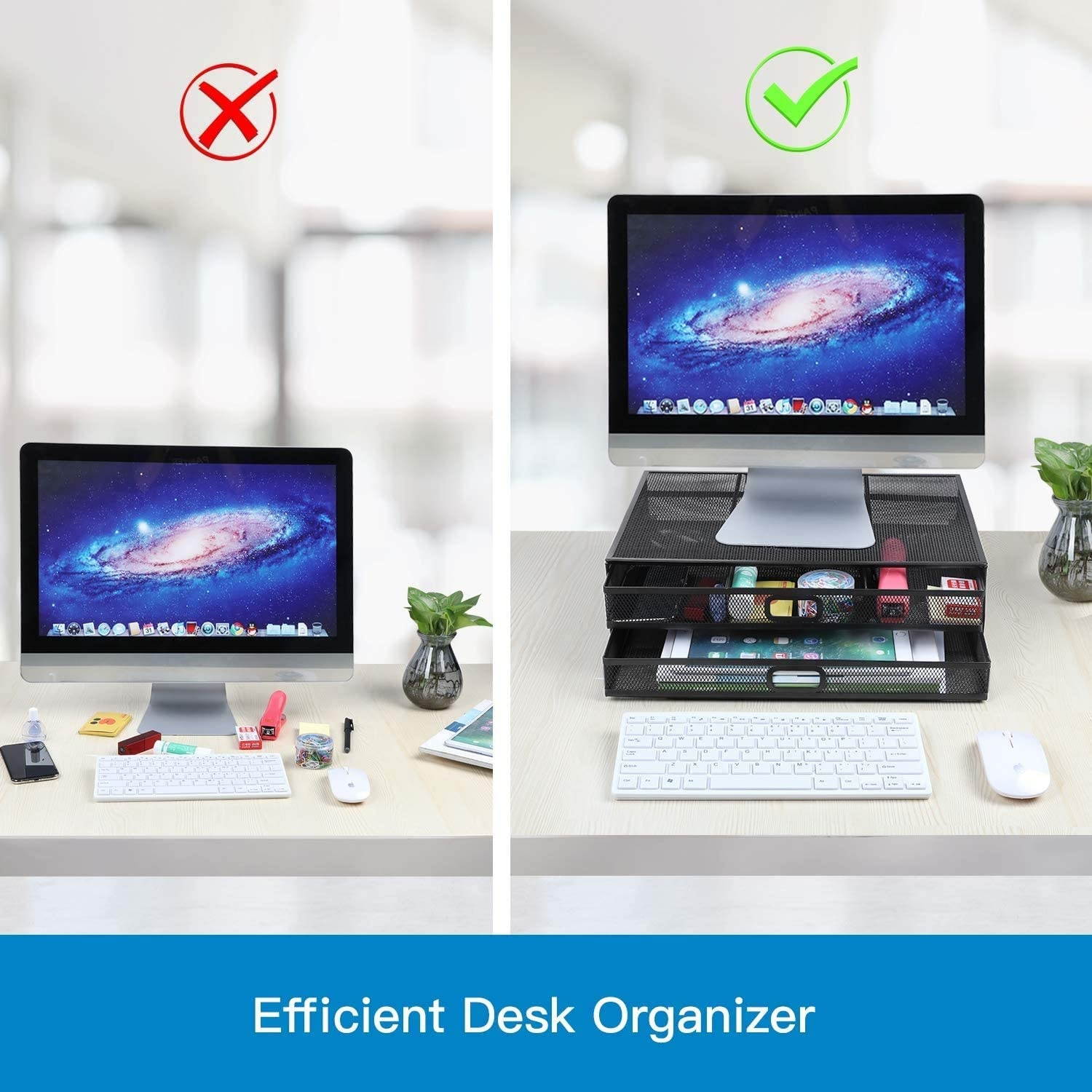 Monitor Stand Riser with Drawer - Mesh Metal Desk Organizer PC Laptop Notebook Printer Holder with Pull Out Storage Drawer