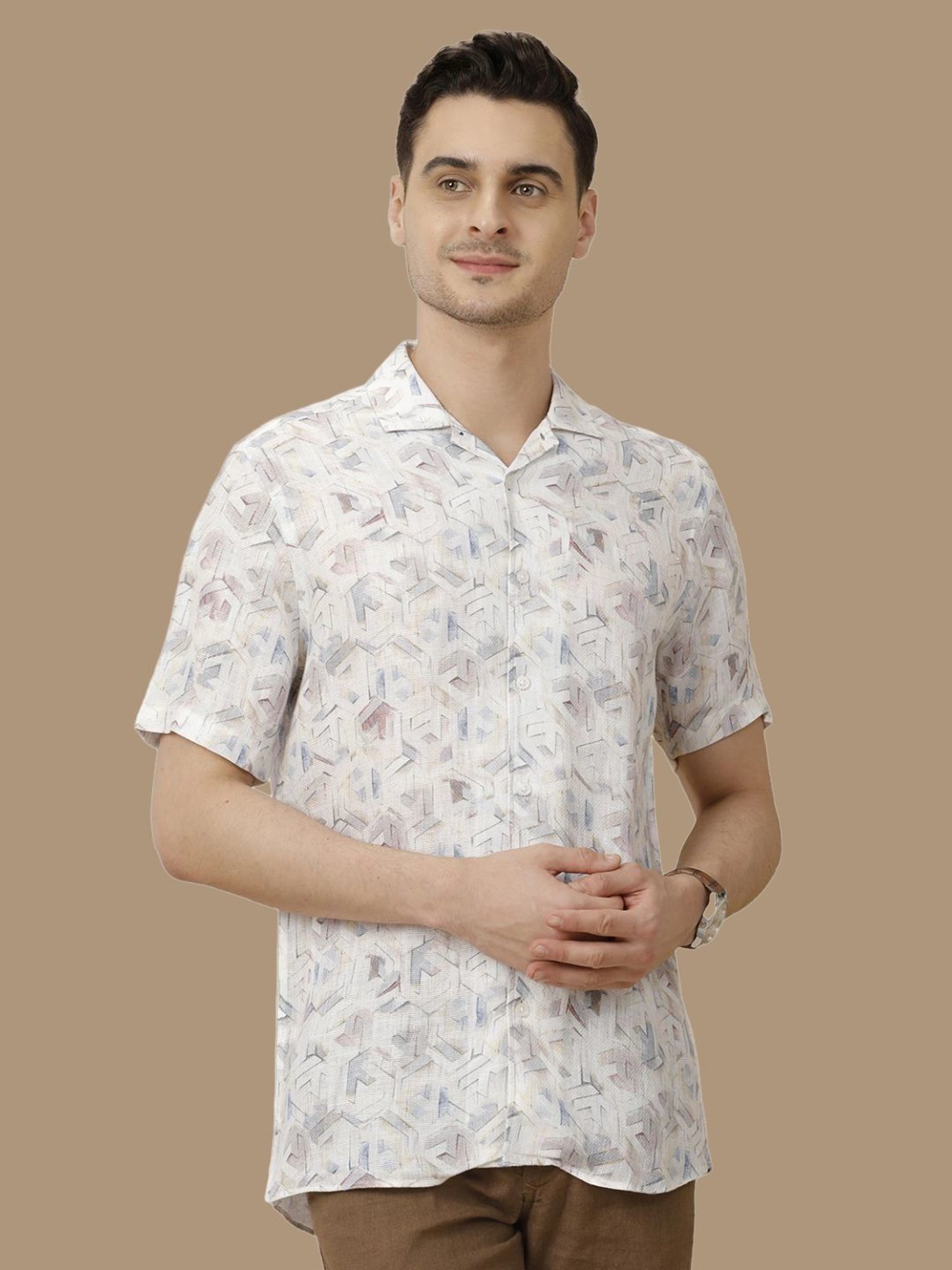 Linen Club Blue Linen Contemporary Fit Printed Shirt