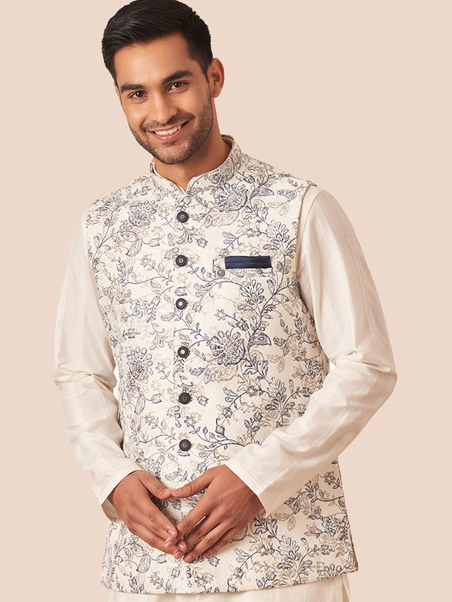 Manyavar White Regular Fit Floral Print Nehru Jacket