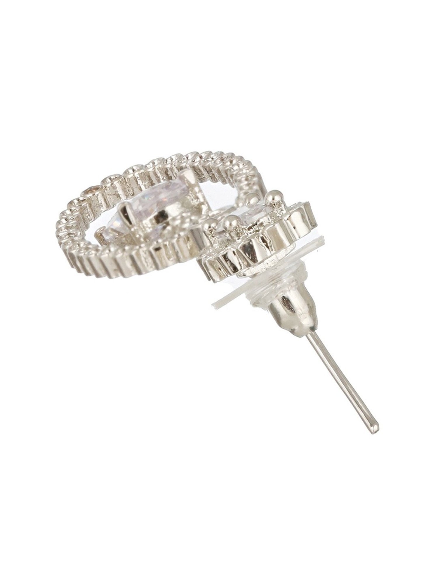 Priyaasi White Floral Oval Stone Studded Silver-Plated Drop Earrings