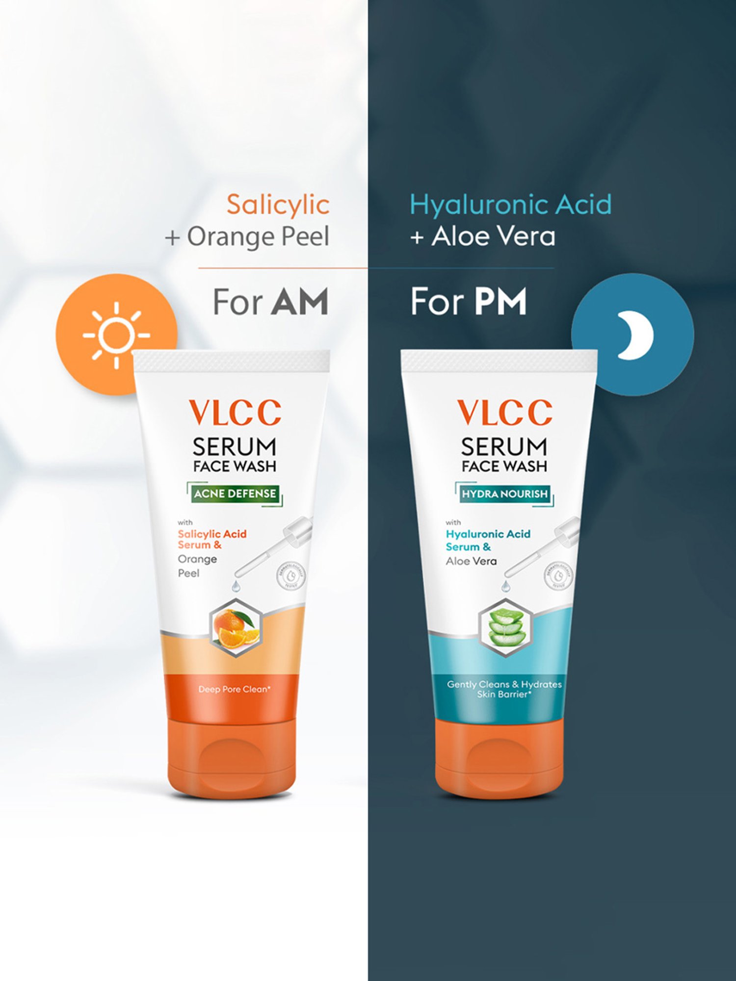 VLCC Acne Defence Orange Peel for AM & Hydra Nourish Aloe Vera for PM Face Wash Combo
