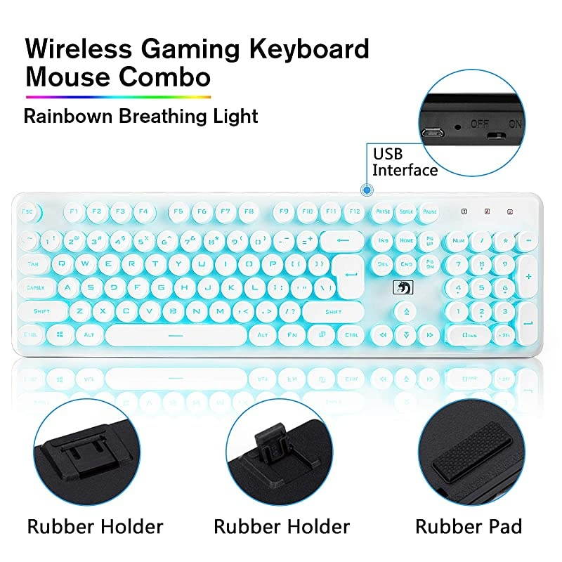 Keyboard and Mouse Combo Suspended Keycap Mechanical Feel Backlit 2.4G Wireless Gaming Keyboard & Mouse Adjustable Breathing Lamp for Laptop Computer and Mac (White Punk/Blue Light)