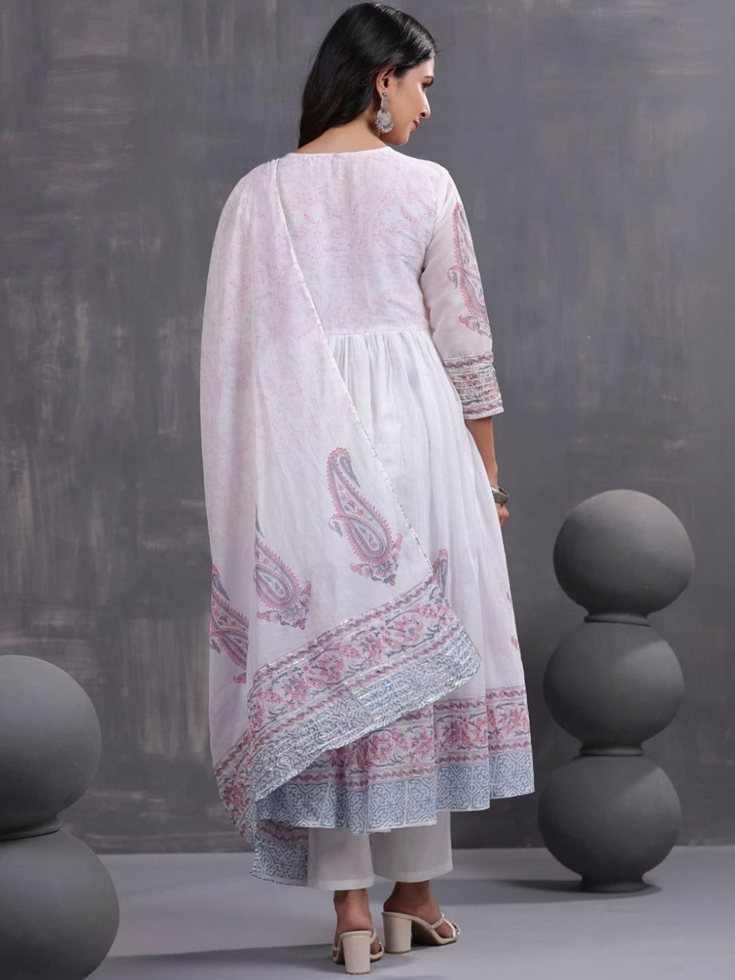Scakhi White Hand-Block Printed Anarkali with Pant and Dupatta