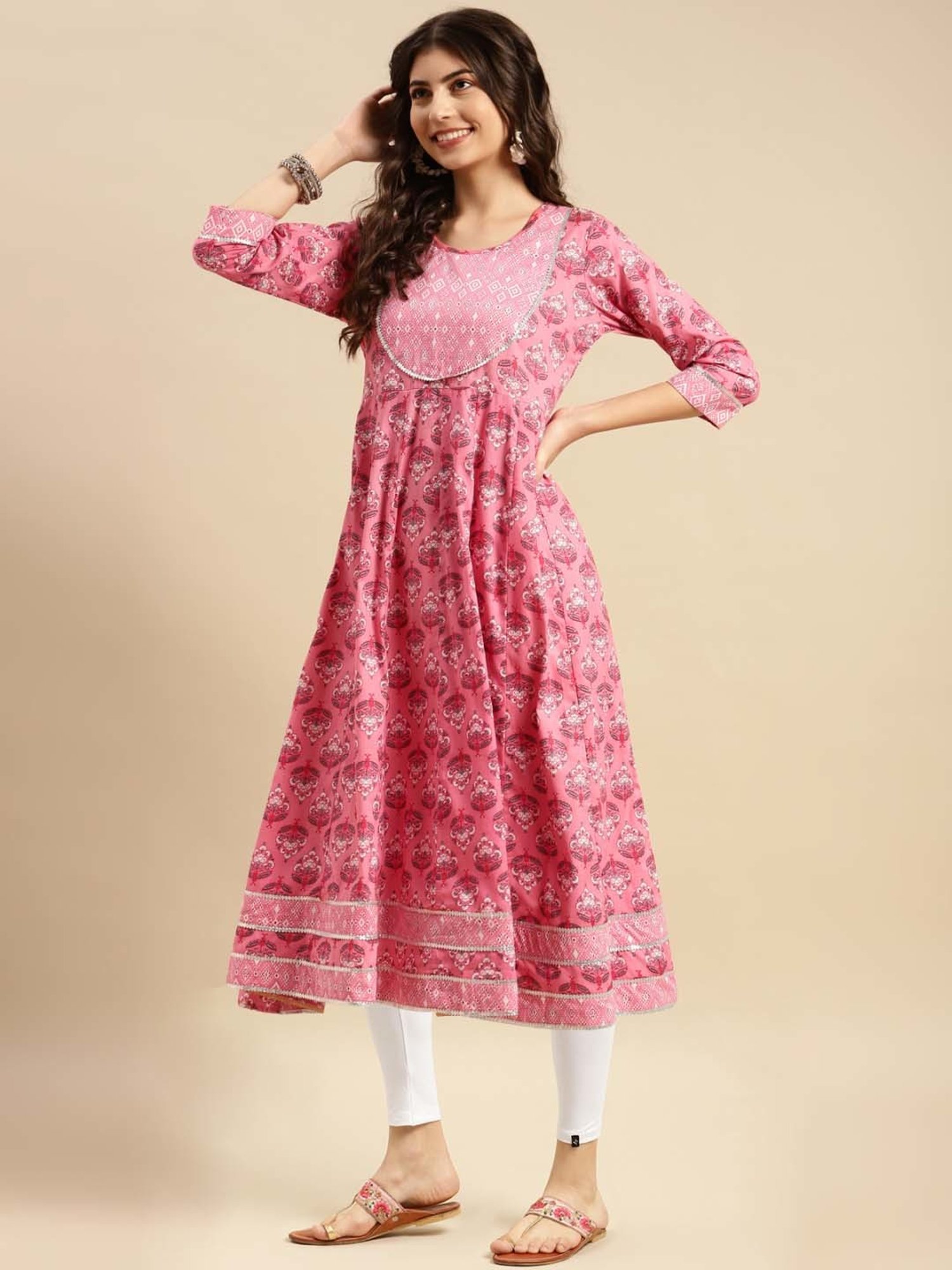 Rangita Pink & White Cotton Printed Kurta Leggings Set