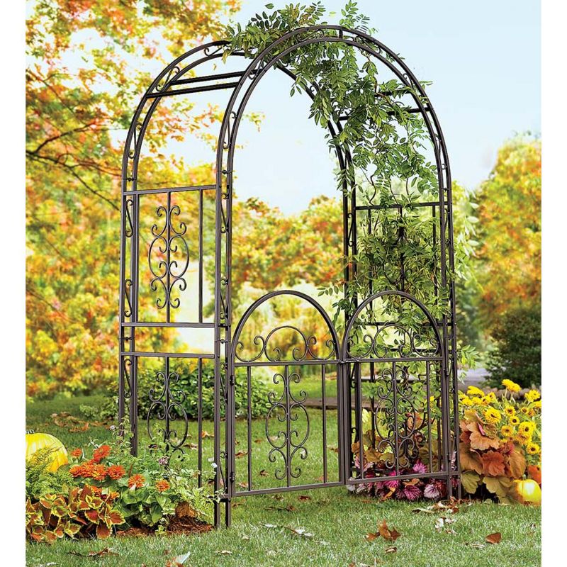 Plow & Hearth - Montebello Decorative Garden Arbor Trellis with Gate & Beautiful Scrollwork Design